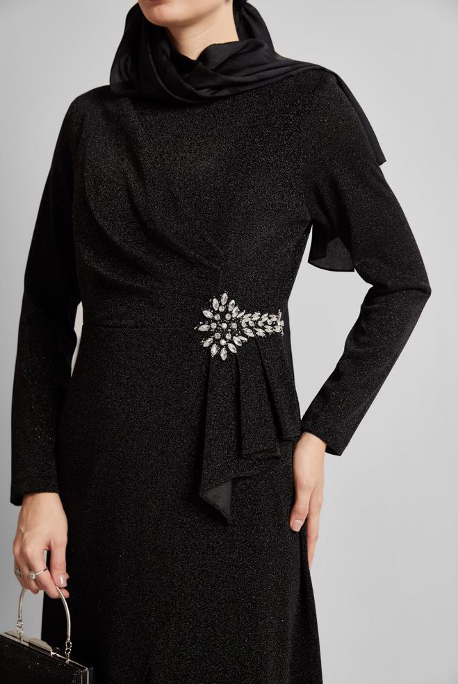 Tesettür giyim SİYAH SİMLİ ABİYE ELBİSE 50526 - ALVİNA