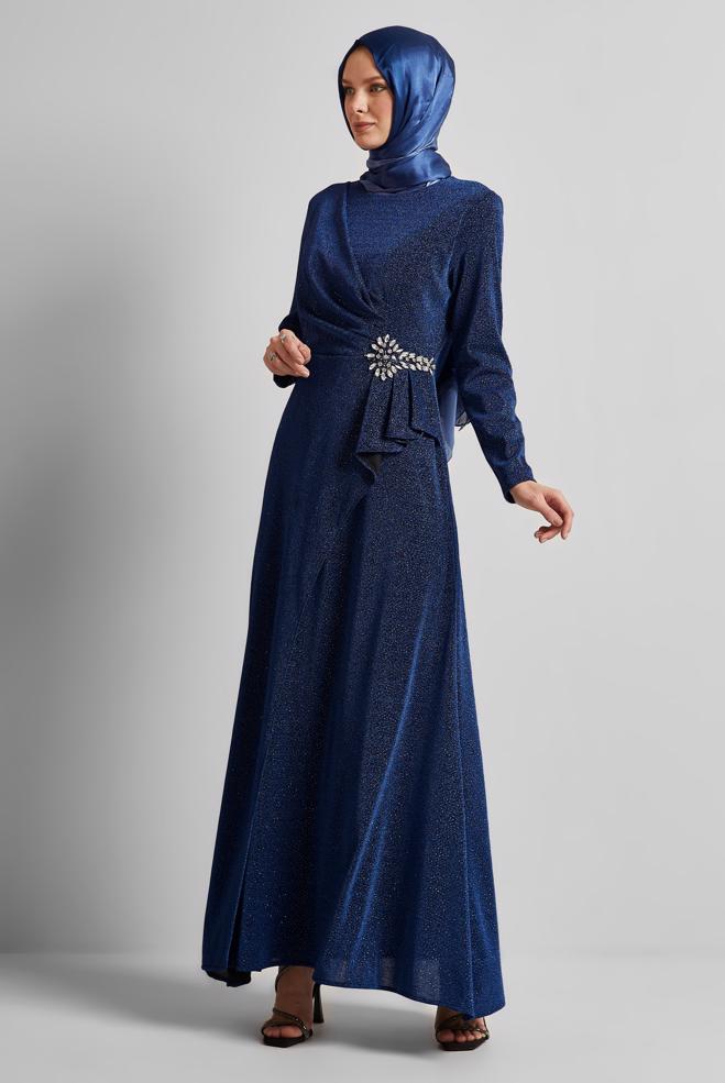 Tesettür giyim LACİVERT SİMLİ ABİYE ELBİSE 50526 - ALVİNA