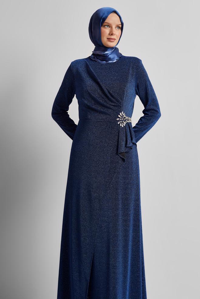 Tesettür giyim LACİVERT SİMLİ ABİYE ELBİSE 50526 - ALVİNA