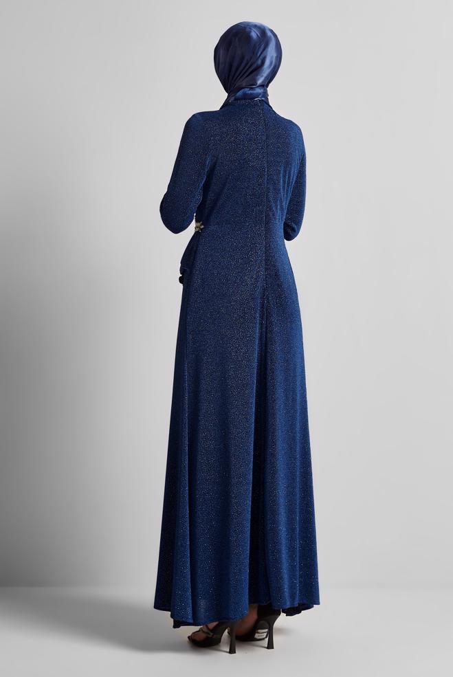 Tesettür giyim LACİVERT SİMLİ ABİYE ELBİSE 50526 - ALVİNA