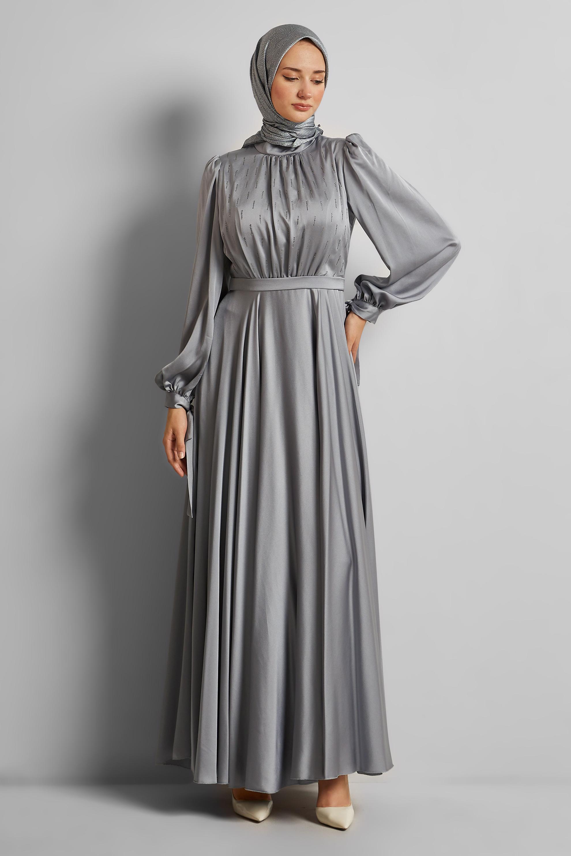Tesettür giyim GRİ SATEN ABİYE ELBİSE 50528