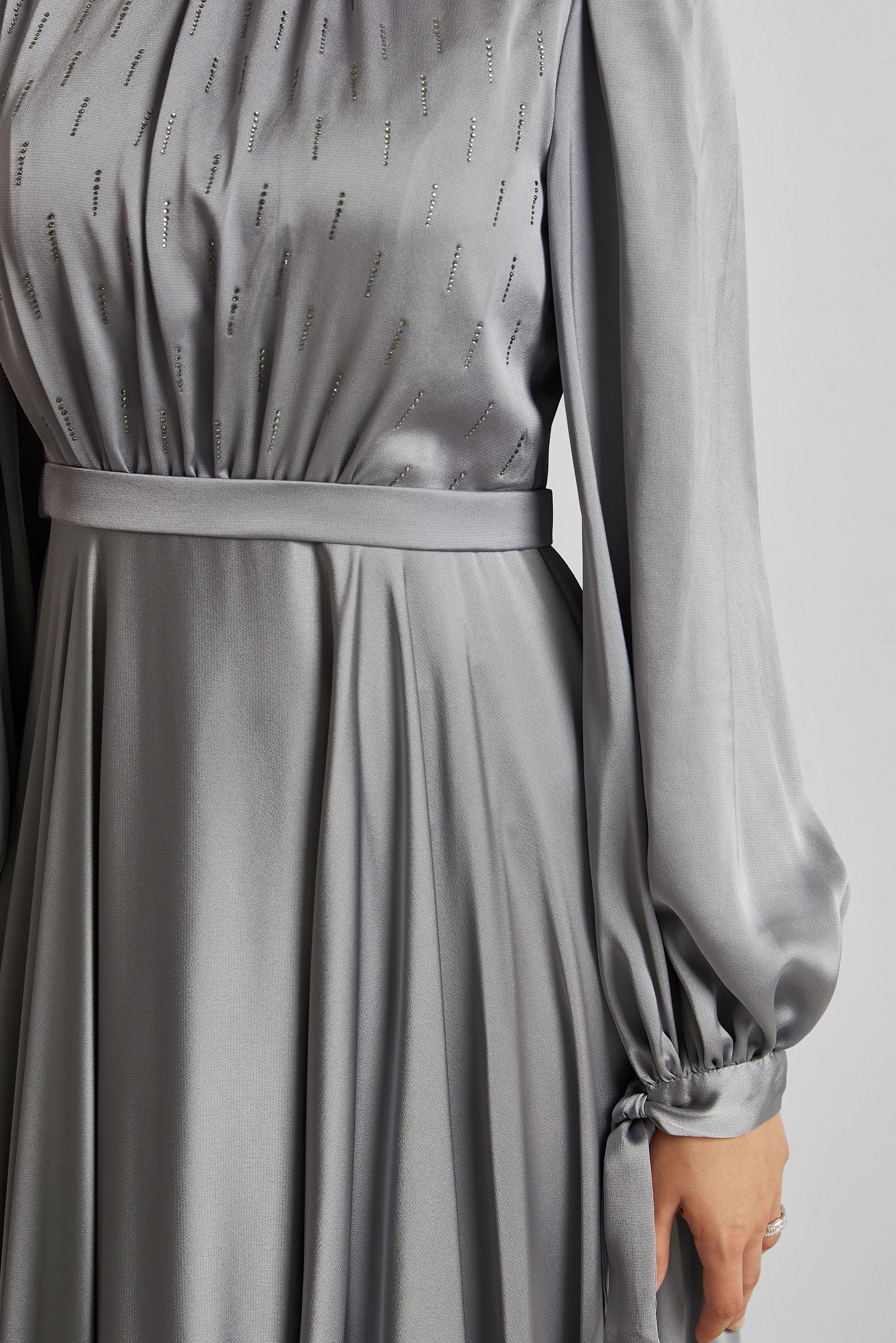 Tesettür giyim GRİ SATEN ABİYE ELBİSE 50528