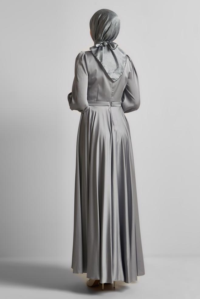 Tesettür giyim GRİ SATEN ABİYE ELBİSE 50528 - ALVİNA