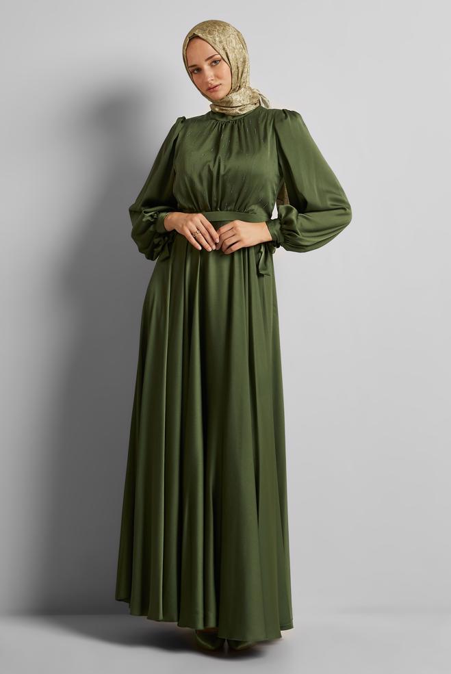 Tesettür giyim HAKİ SATEN ABİYE ELBİSE 50528 - ALVİNA