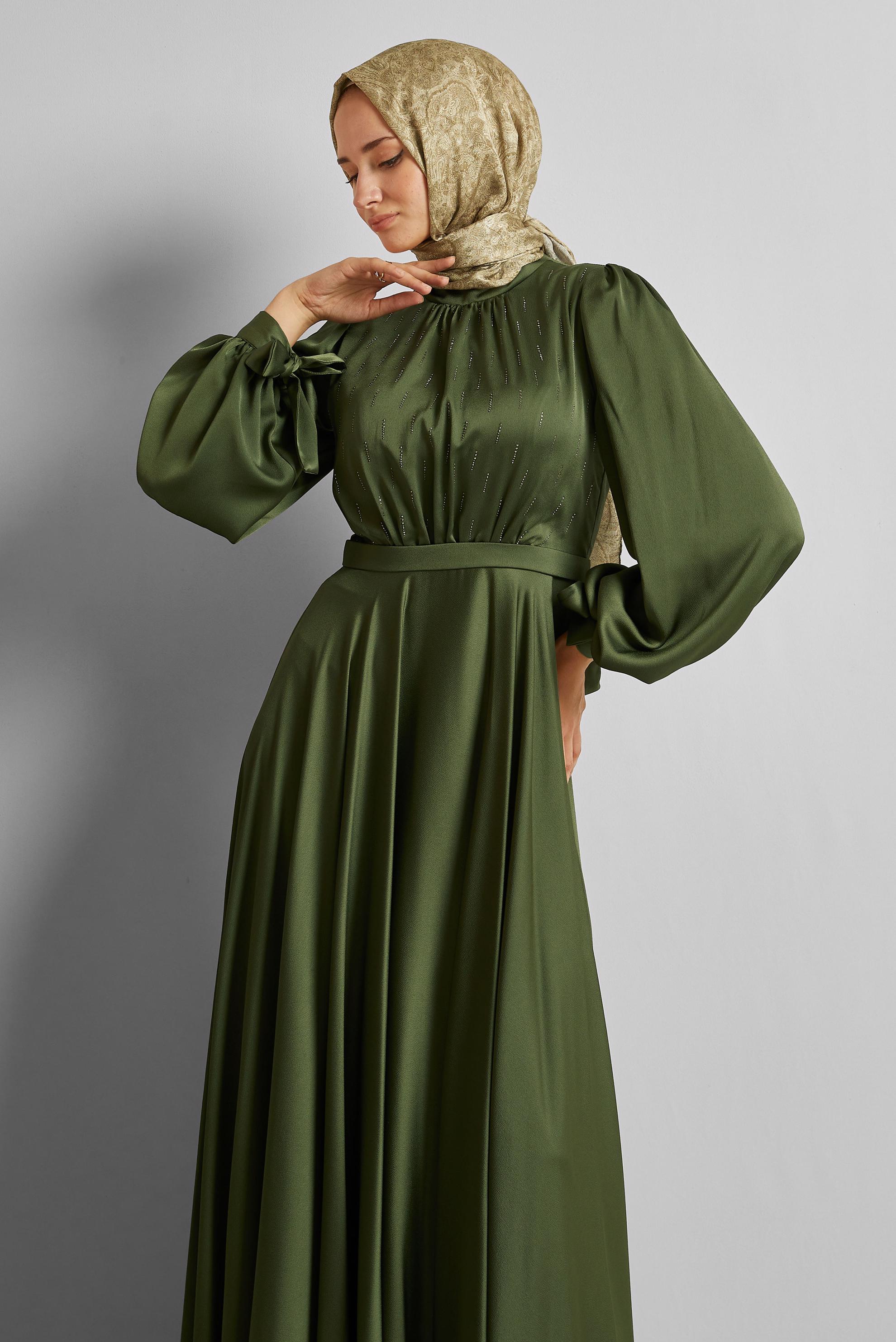 Tesettür giyim HAKİ SATEN ABİYE ELBİSE 50528