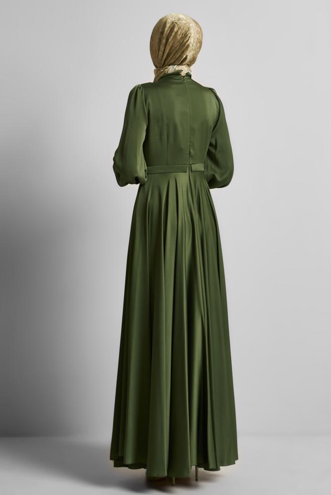 Tesettür giyim HAKİ SATEN ABİYE ELBİSE 50528 - ALVİNA