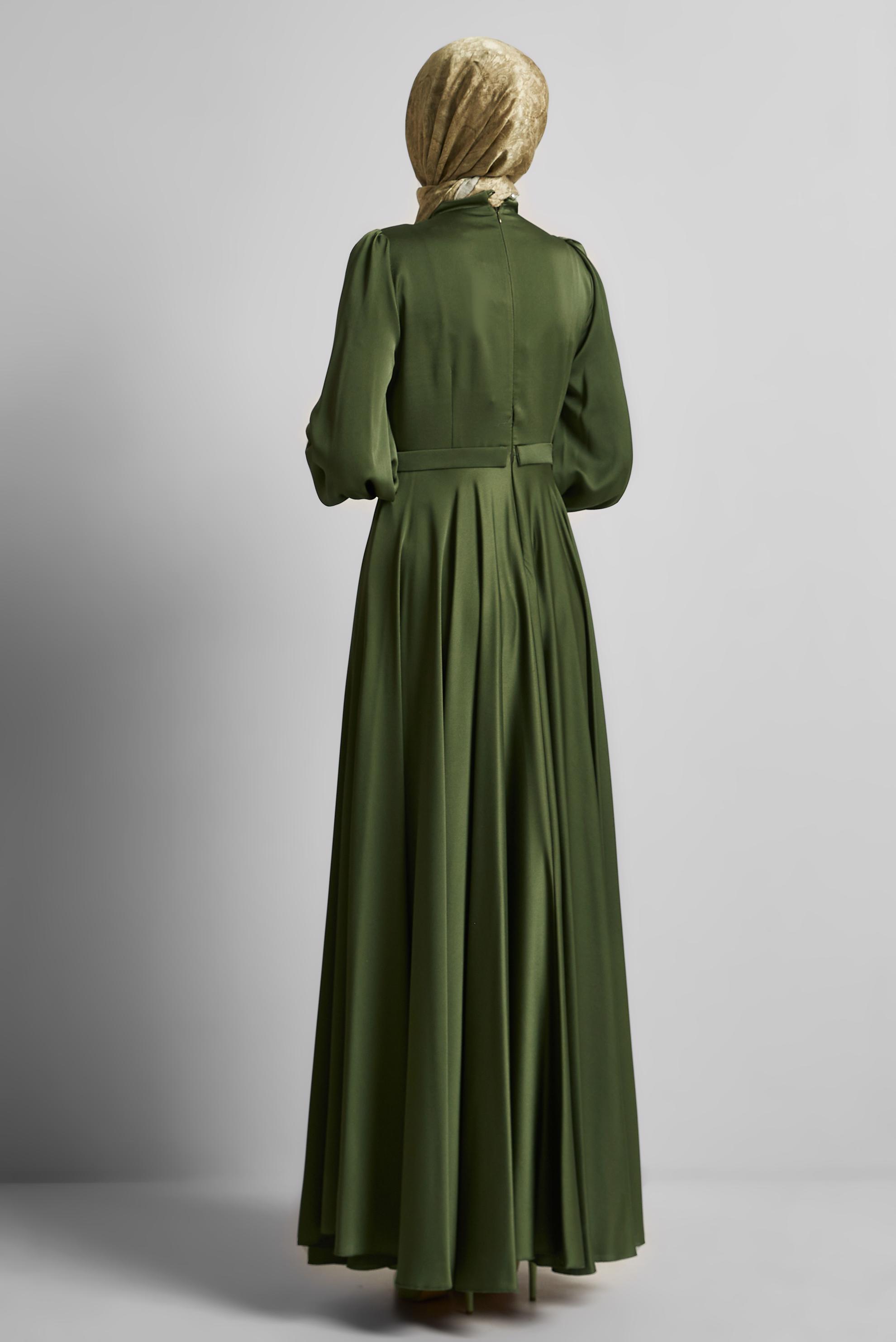 Tesettür giyim HAKİ SATEN ABİYE ELBİSE 50528