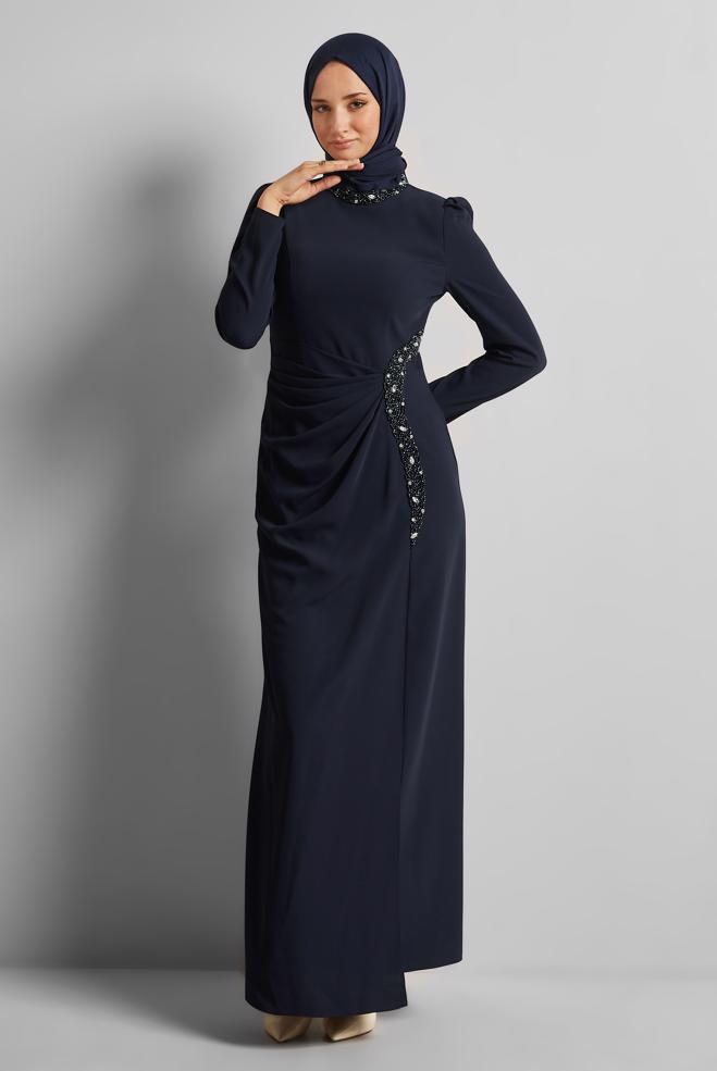 Tesettür giyim LACİVERT TAŞ DETAYLI ABİYE ELBİSE 50531 - ALVİNA