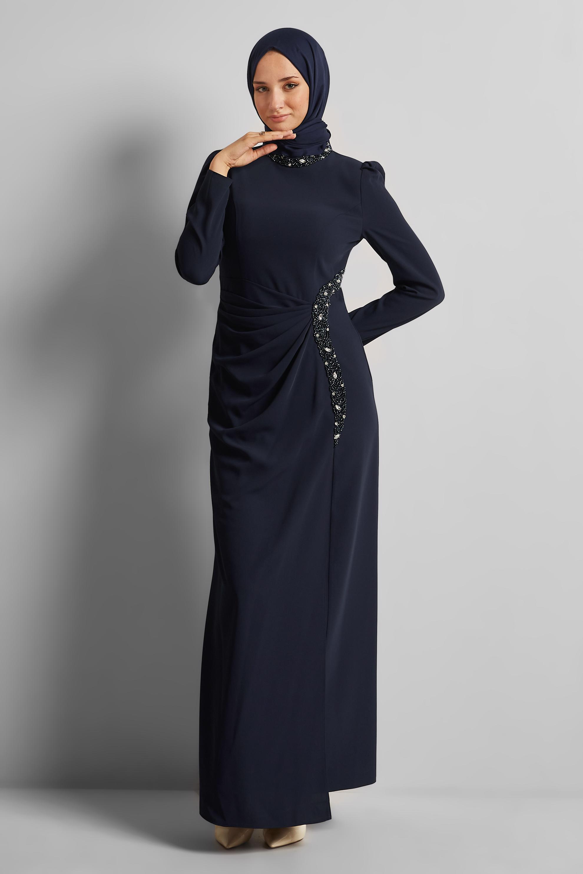 Tesettür giyim LACİVERT TAŞ DETAYLI ABİYE ELBİSE 50531