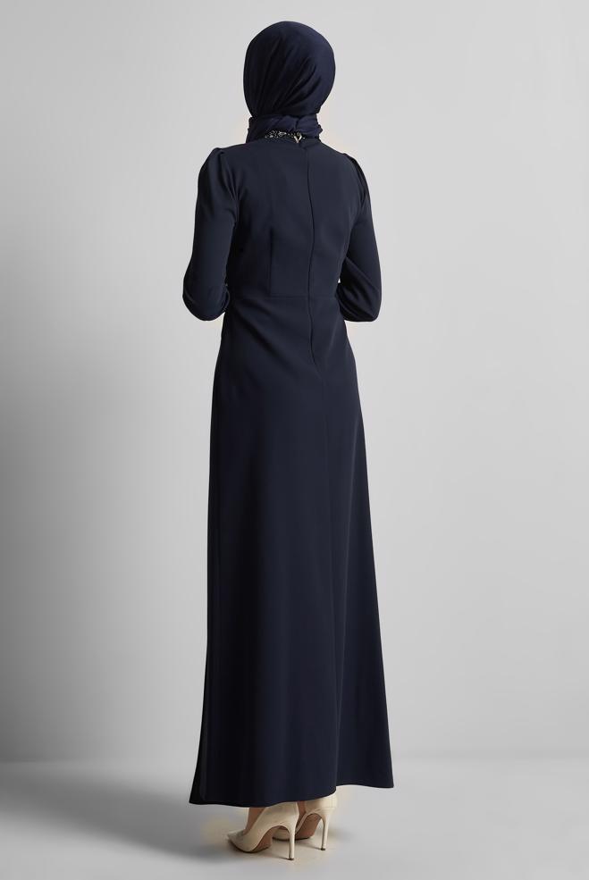 Tesettür giyim LACİVERT TAŞ DETAYLI ABİYE ELBİSE 50531 - ALVİNA