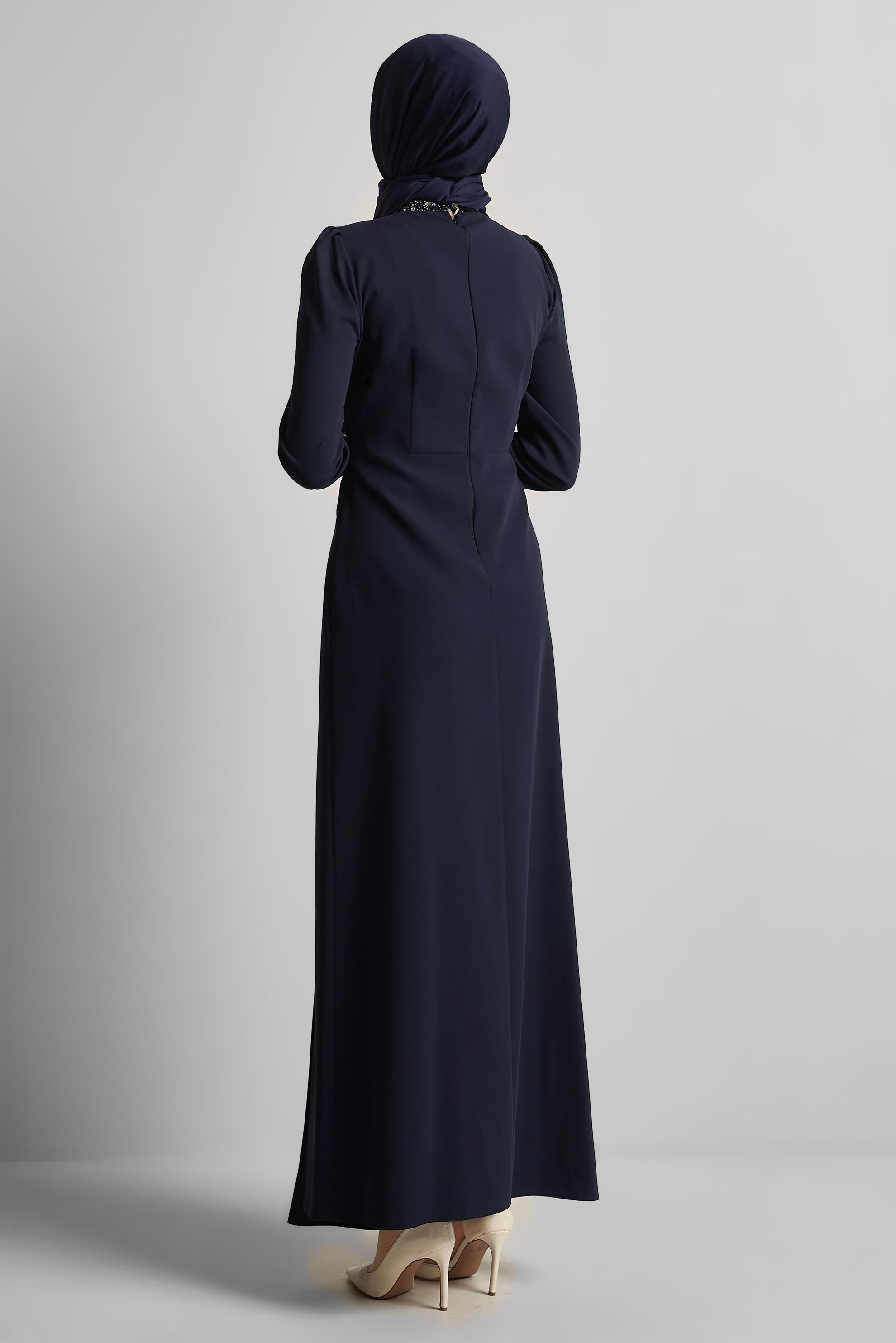 Tesettür giyim LACİVERT TAŞ DETAYLI ABİYE ELBİSE 50531