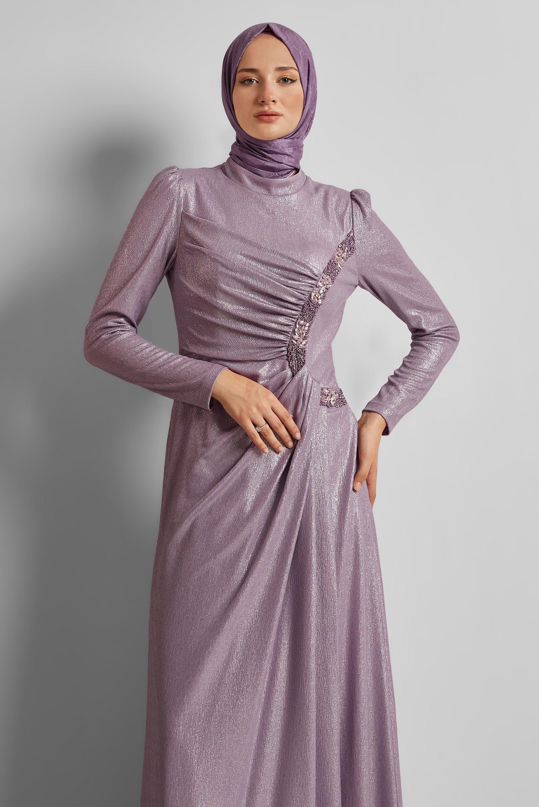 Tesettür giyim MOR TAŞ DETAYLI ABİYE ELBİSE 50532