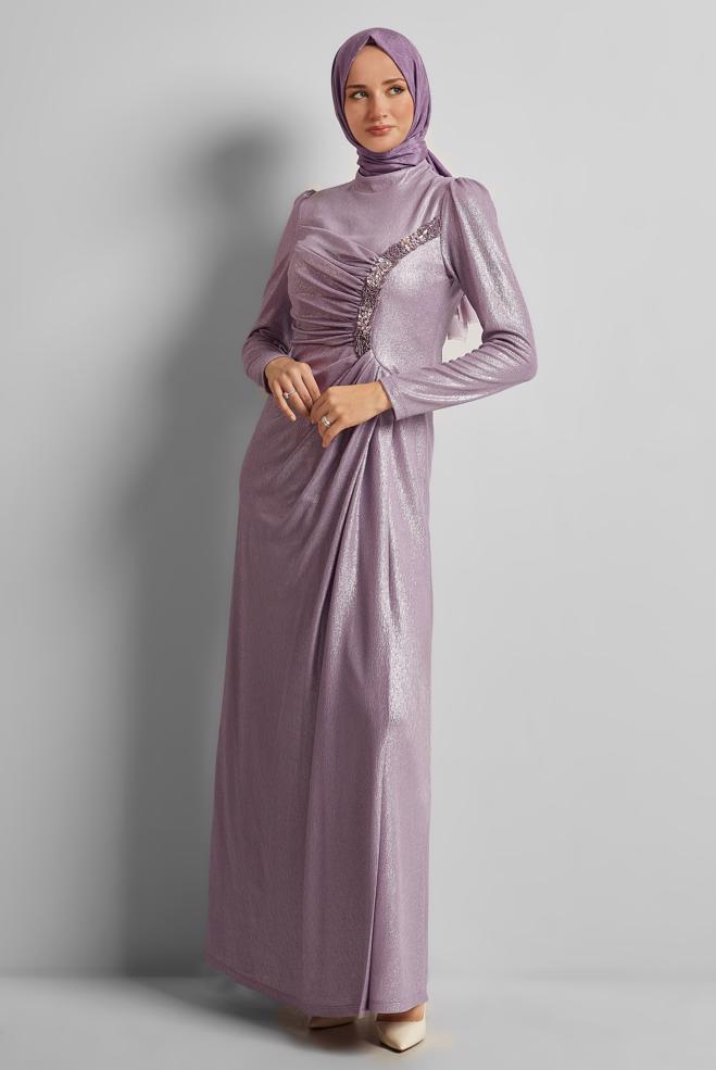 Tesettür giyim MOR TAŞ DETAYLI ABİYE ELBİSE 50532 - ALVİNA