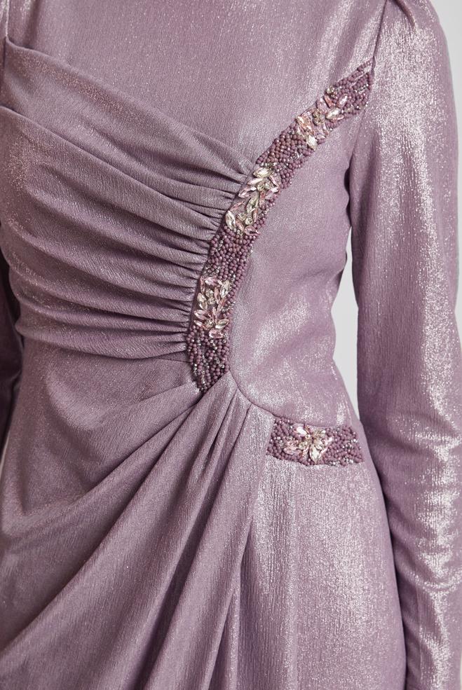 Tesettür giyim MOR TAŞ DETAYLI ABİYE ELBİSE 50532 - ALVİNA