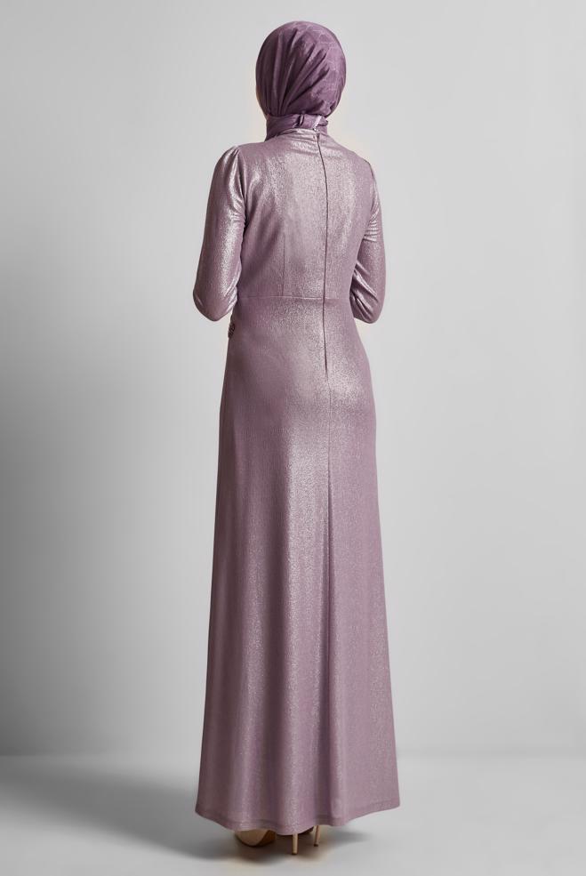 Tesettür giyim MOR TAŞ DETAYLI ABİYE ELBİSE 50532 - ALVİNA