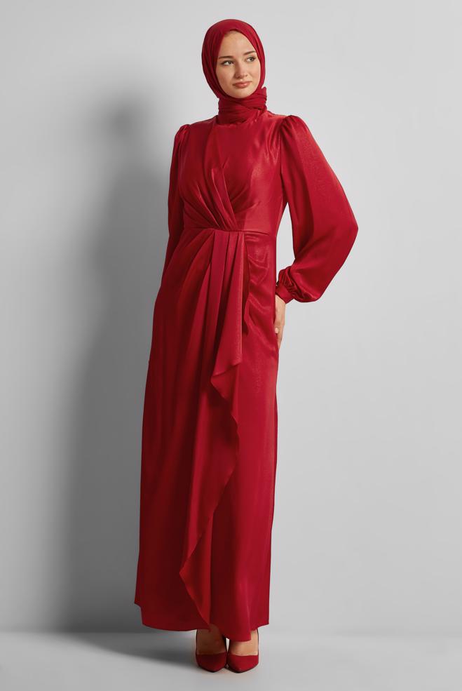 Tesettür giyim KIRMIZI VOLAN DETAYLI ABİYE ELBİSE 50533 - ALVİNA
