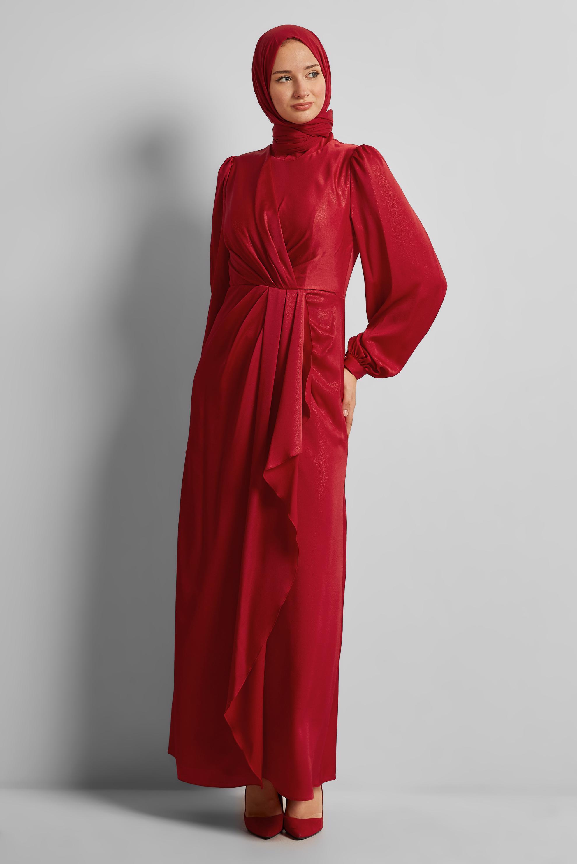 Tesettür giyim KIRMIZI VOLAN DETAYLI ABİYE ELBİSE 50533