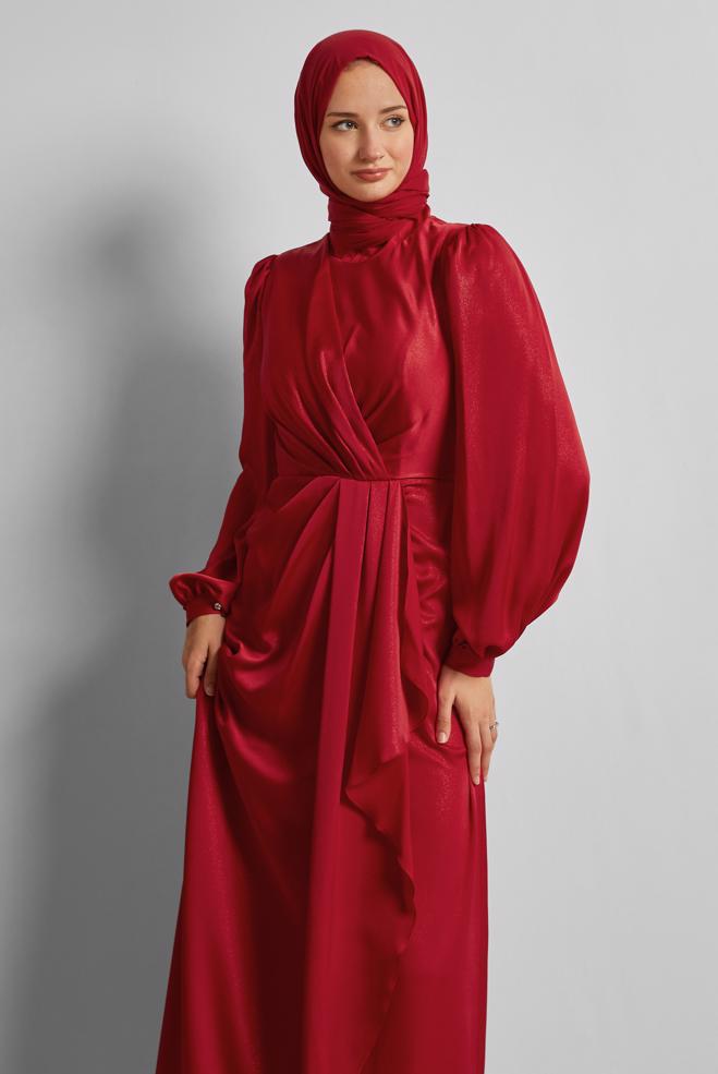 Tesettür giyim KIRMIZI VOLAN DETAYLI ABİYE ELBİSE 50533 - ALVİNA