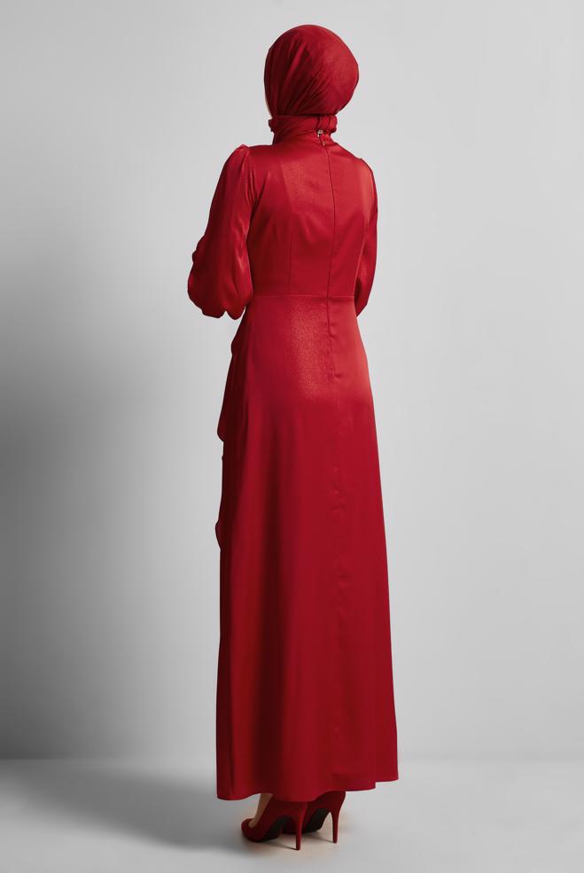 Tesettür giyim KIRMIZI VOLAN DETAYLI ABİYE ELBİSE 50533 - ALVİNA