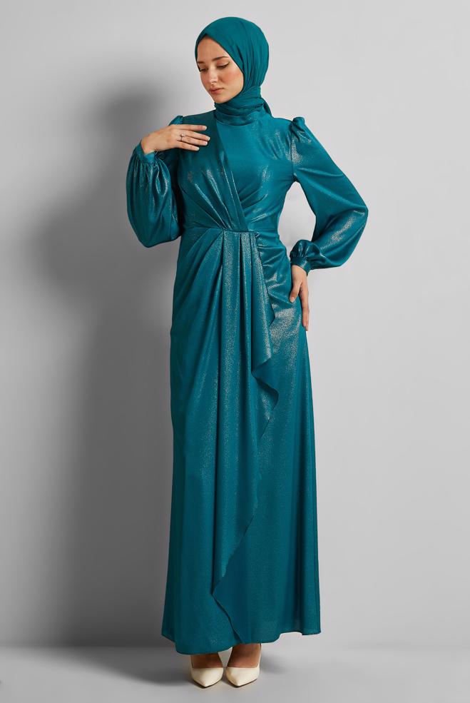 Vêtements hijab BLEU ROBE DE SOIRÉE DÉTAILLÉE À VOLANTS 50533 - ALVİNA