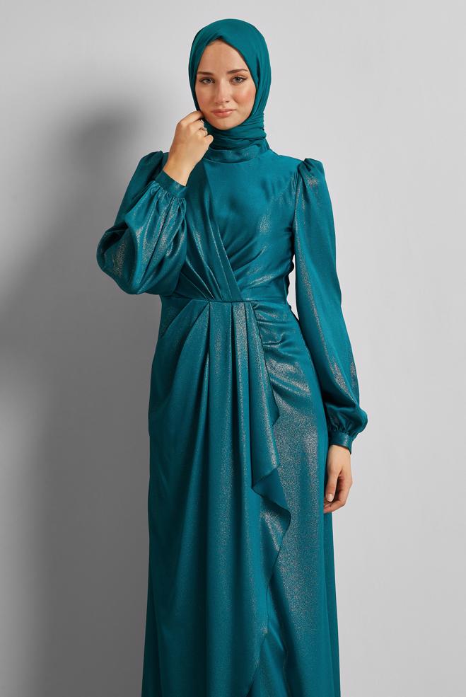 Vêtements hijab BLEU ROBE DE SOIRÉE DÉTAILLÉE À VOLANTS 50533 - ALVİNA