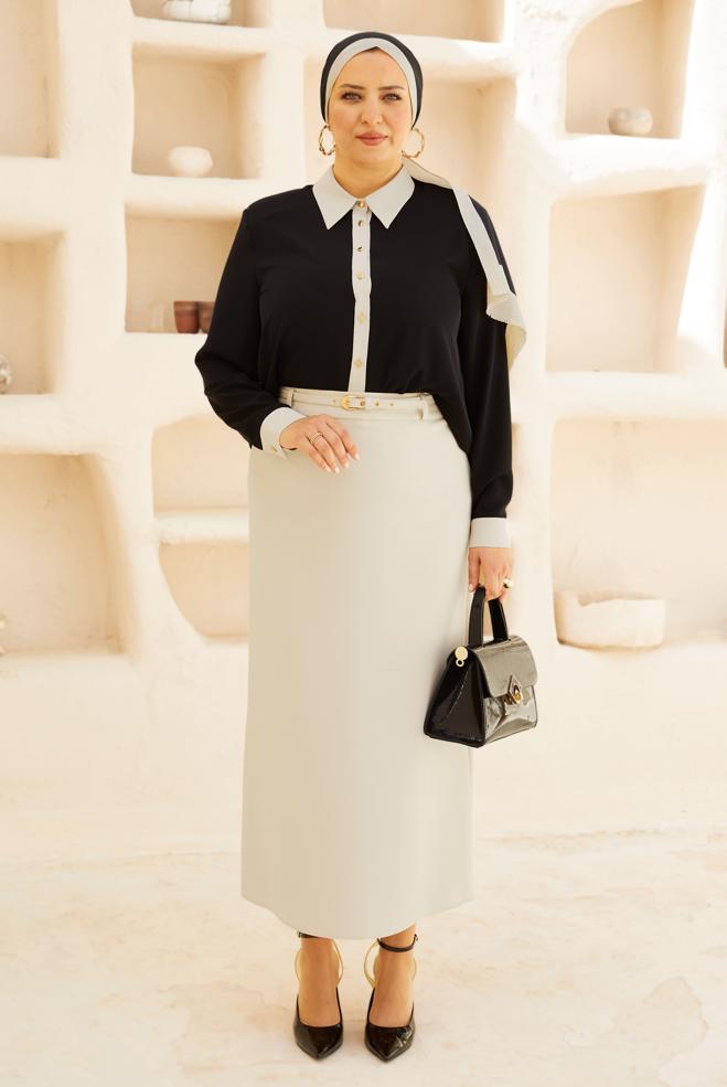 Vêtements hijab NOIR CHEMISIER À COL CHEMISE 20771 - ALVİNA