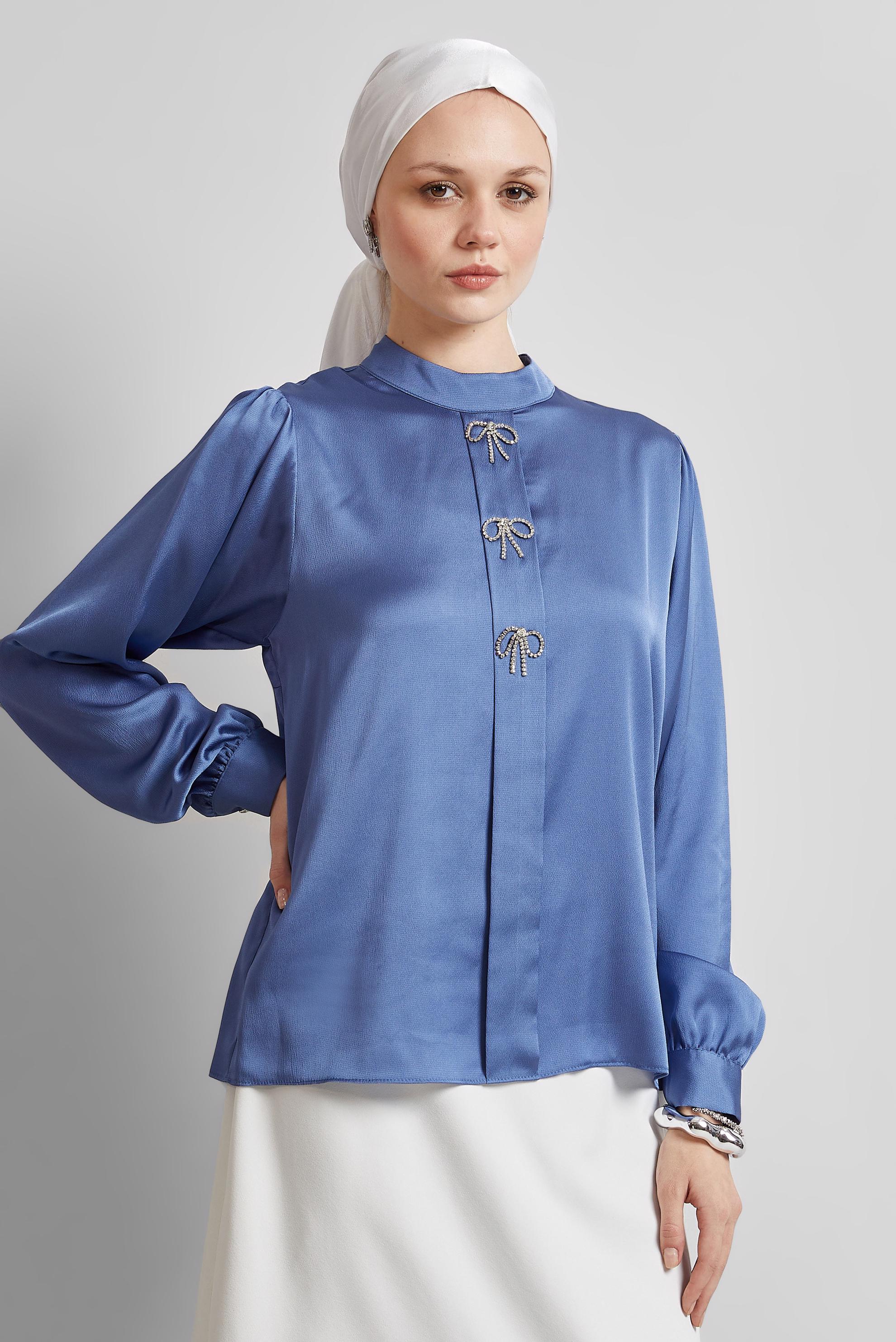Tesettür giyim LACİVERT TAŞLI SATEN BLUZ 44711