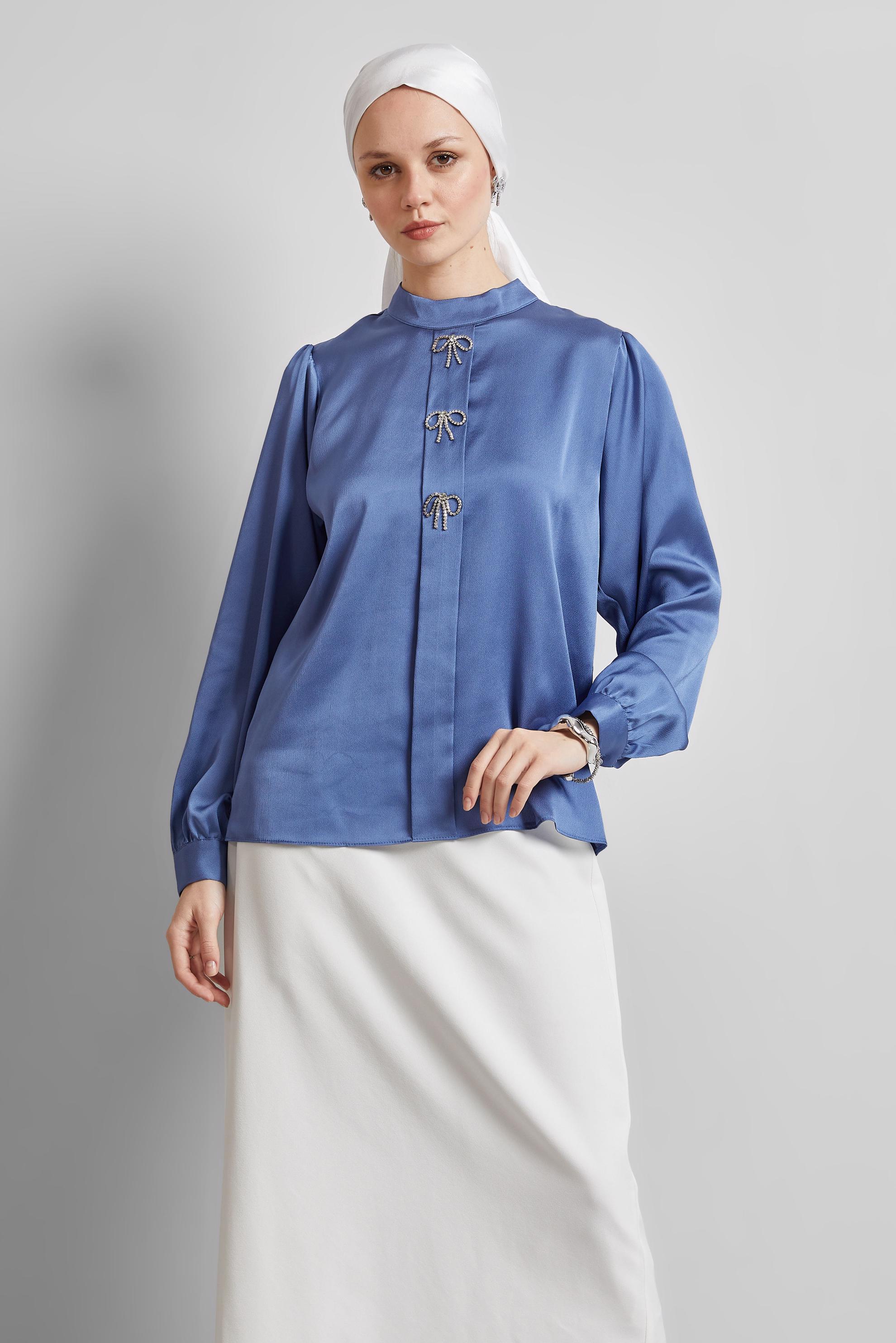 Tesettür giyim LACİVERT TAŞLI SATEN BLUZ 44711