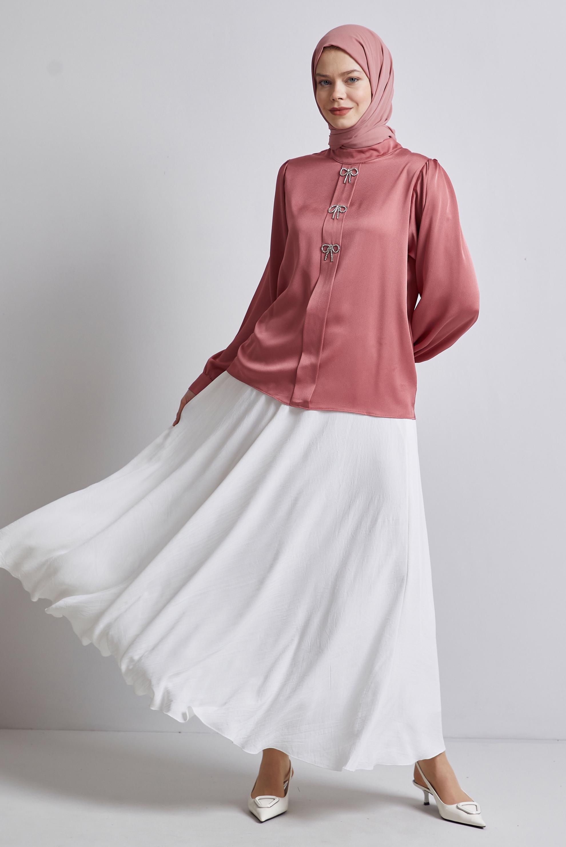 Tesettür giyim PEMBE TAŞLI SATEN BLUZ 44711