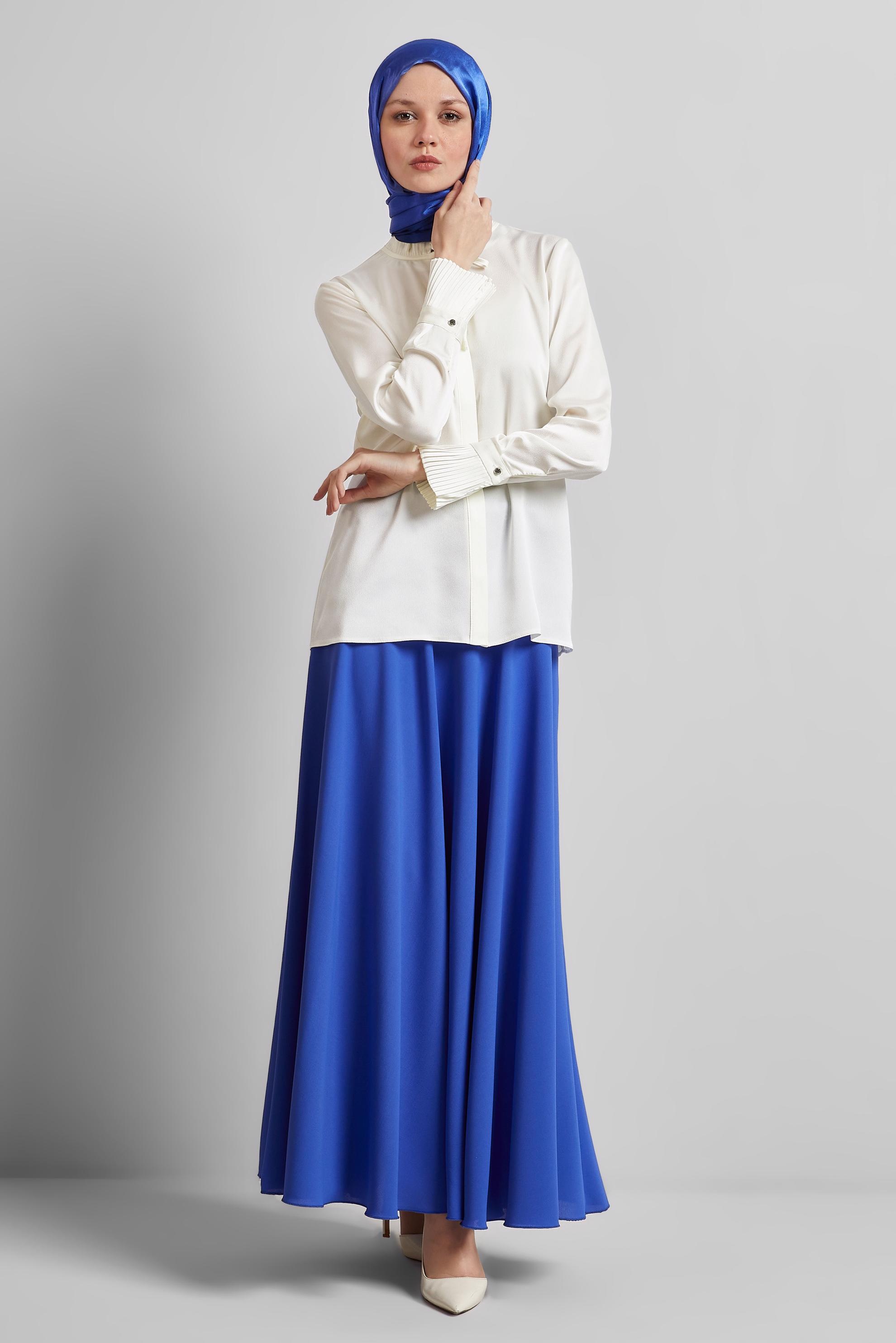 Tesettür giyim BEYAZ YAKASI BAĞCIKLI SATEN BLUZ 44762