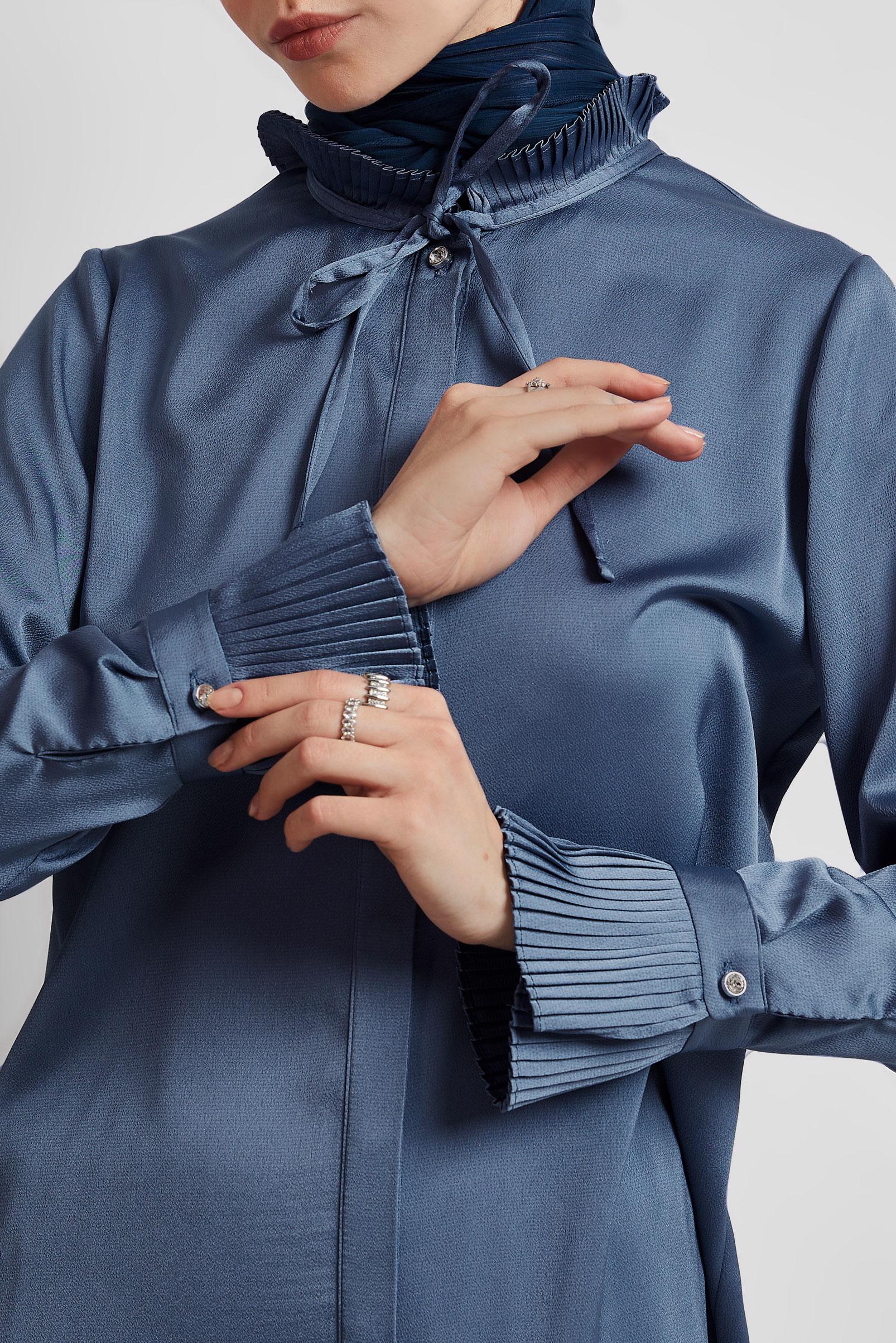 Tesettür giyim LACİVERT YAKASI BAĞCIKLI SATEN BLUZ 44762