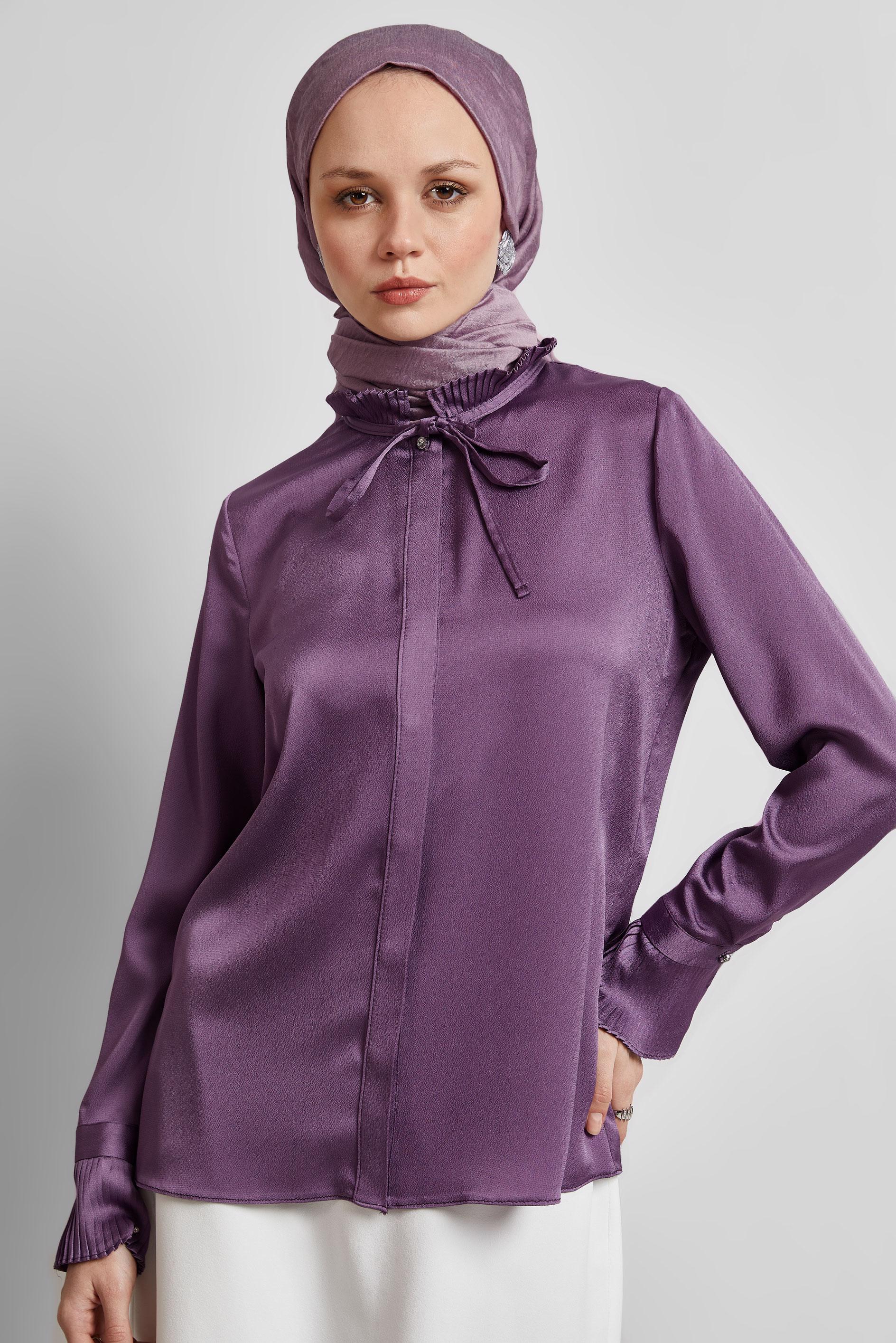 Tesettür giyim MÜRDÜM YAKASI BAĞCIKLI SATEN BLUZ 44762