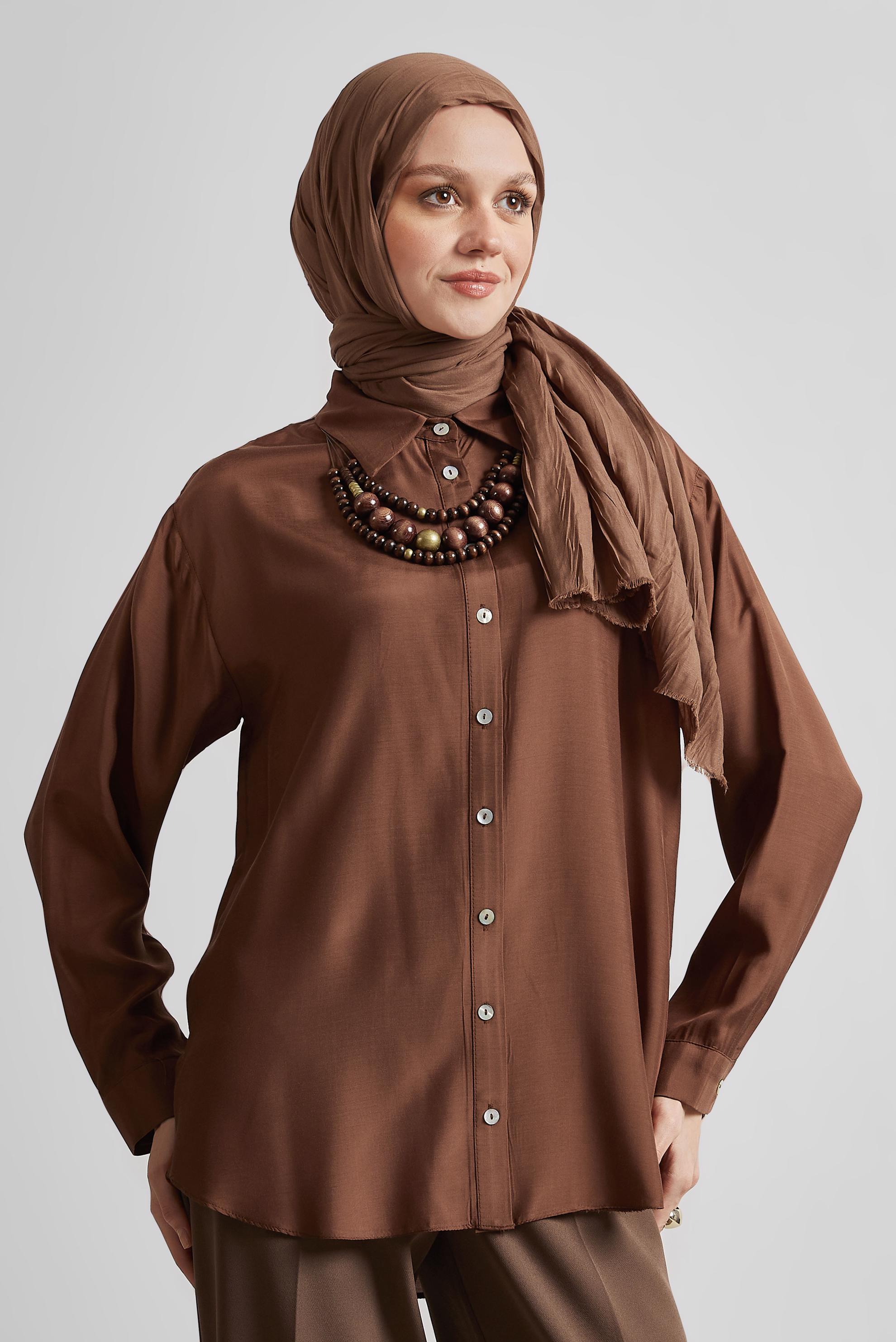 Tesettür giyim KAHVE GÖMLEK YAKA BLUZ 44801