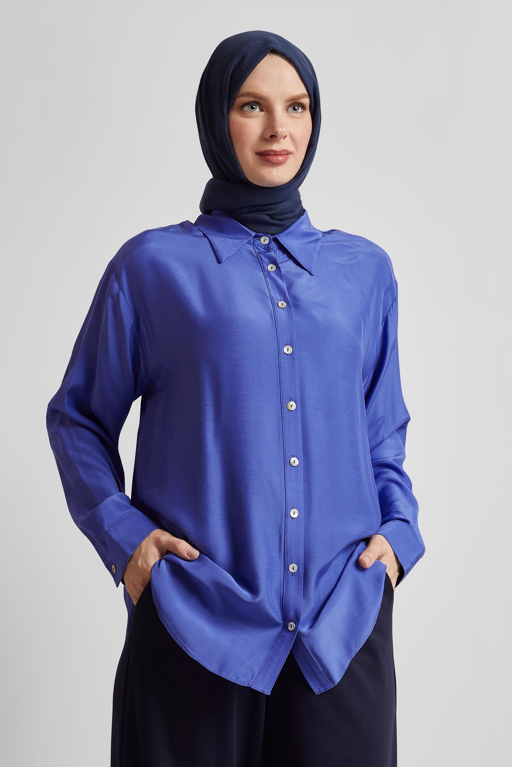 Tesettür giyim LACİVERT GÖMLEK YAKA BLUZ 44801