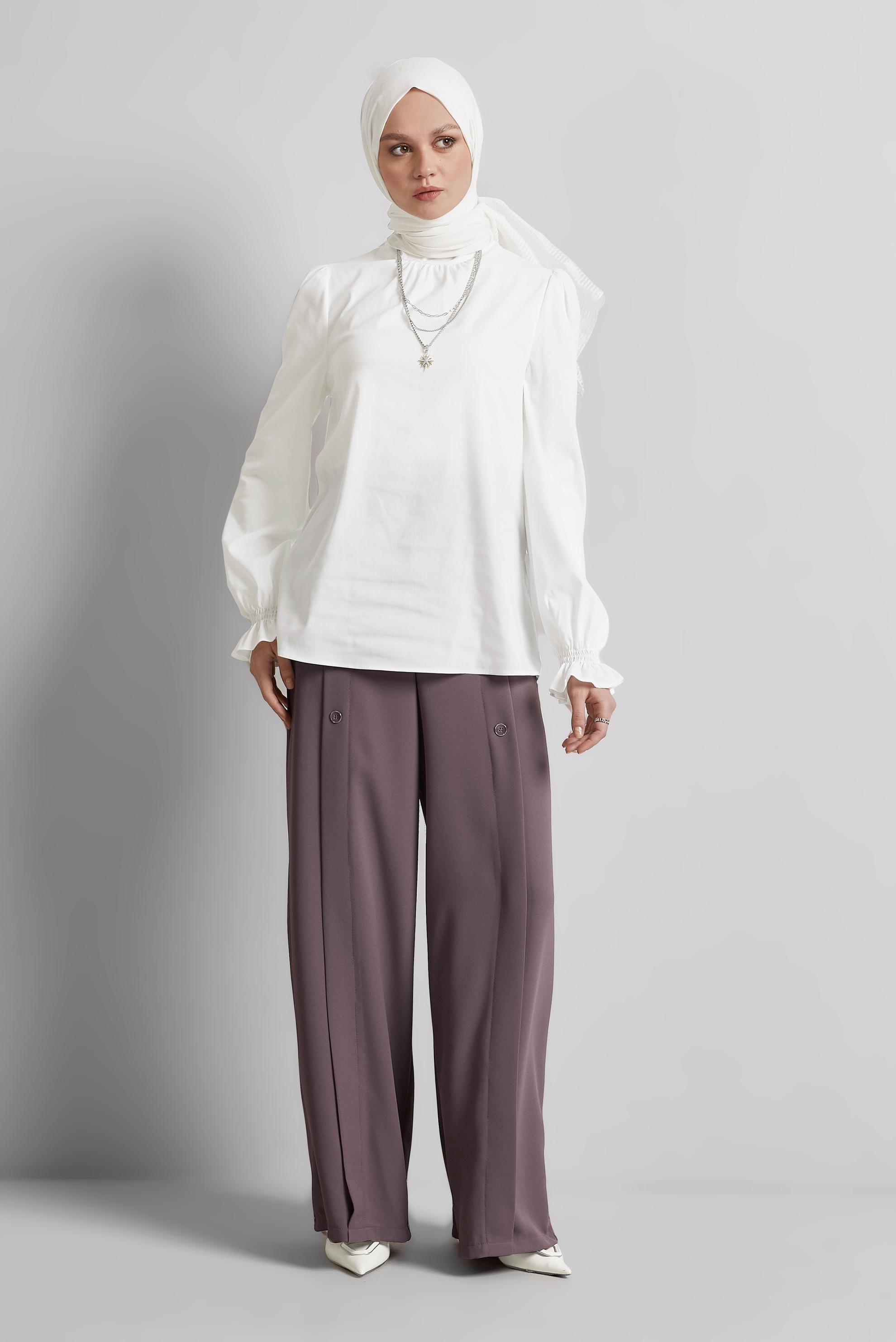 Tesettür giyim BEYAZ KOL UCU LASTİKLİ BLUZ 45341