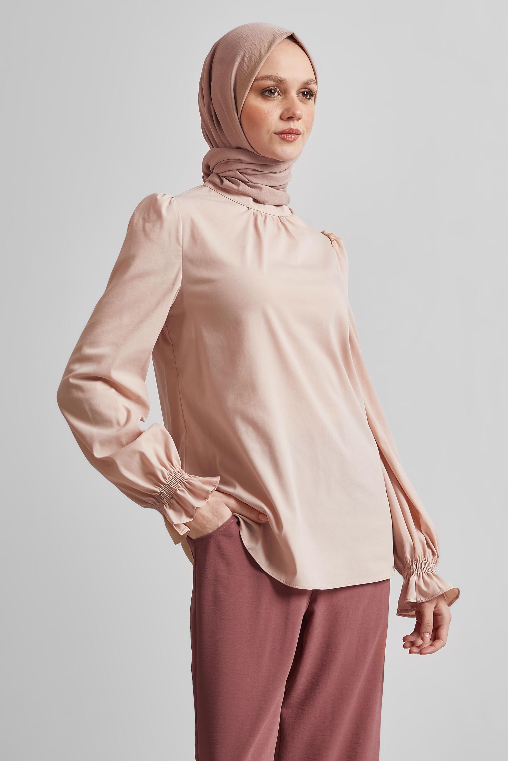 Tesettür giyim BEJ KOL UCU LASTİKLİ BLUZ 45341