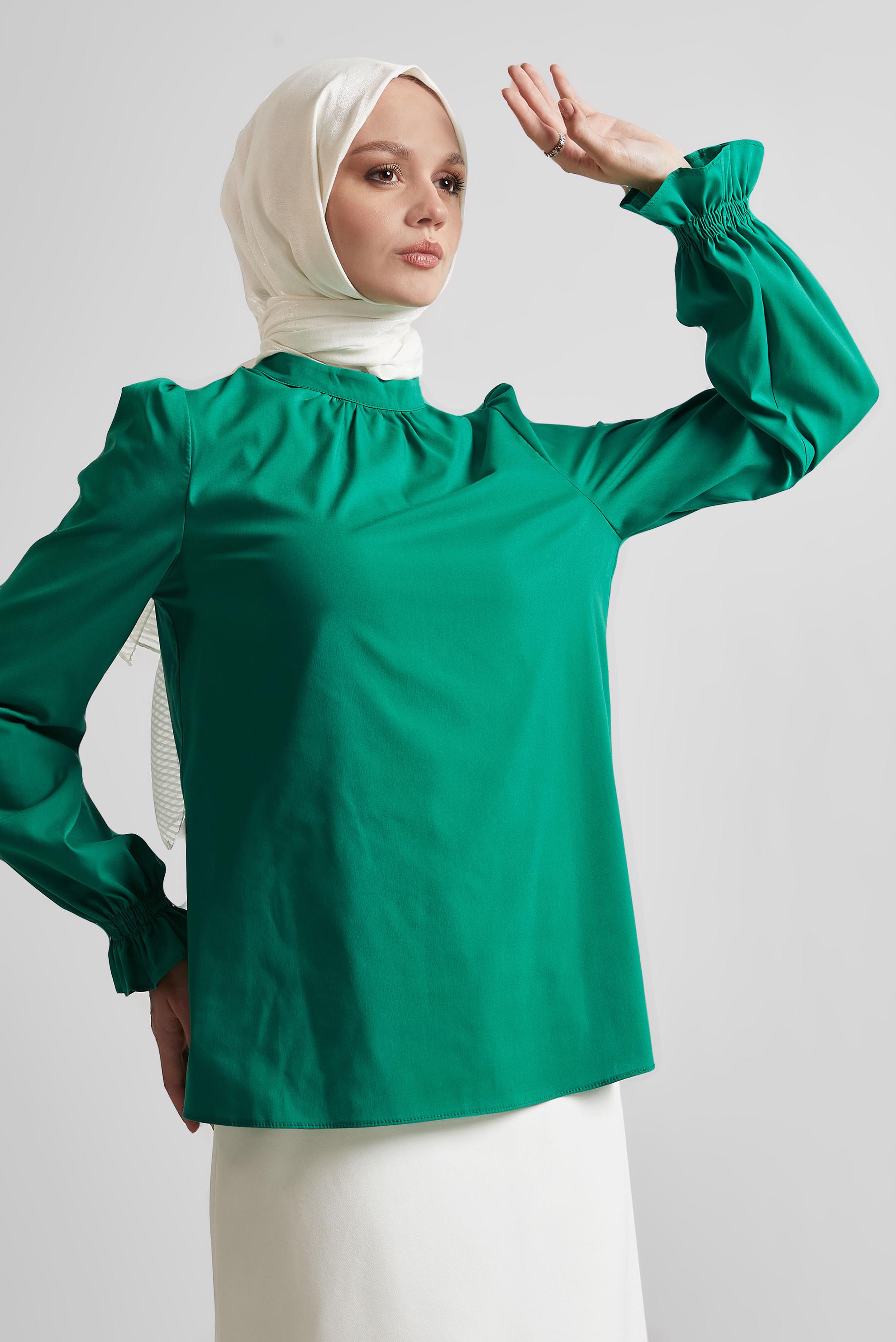 Vêtements hijab VERT BLOUSE À POIGNETS ÉLASTIQUES 45341