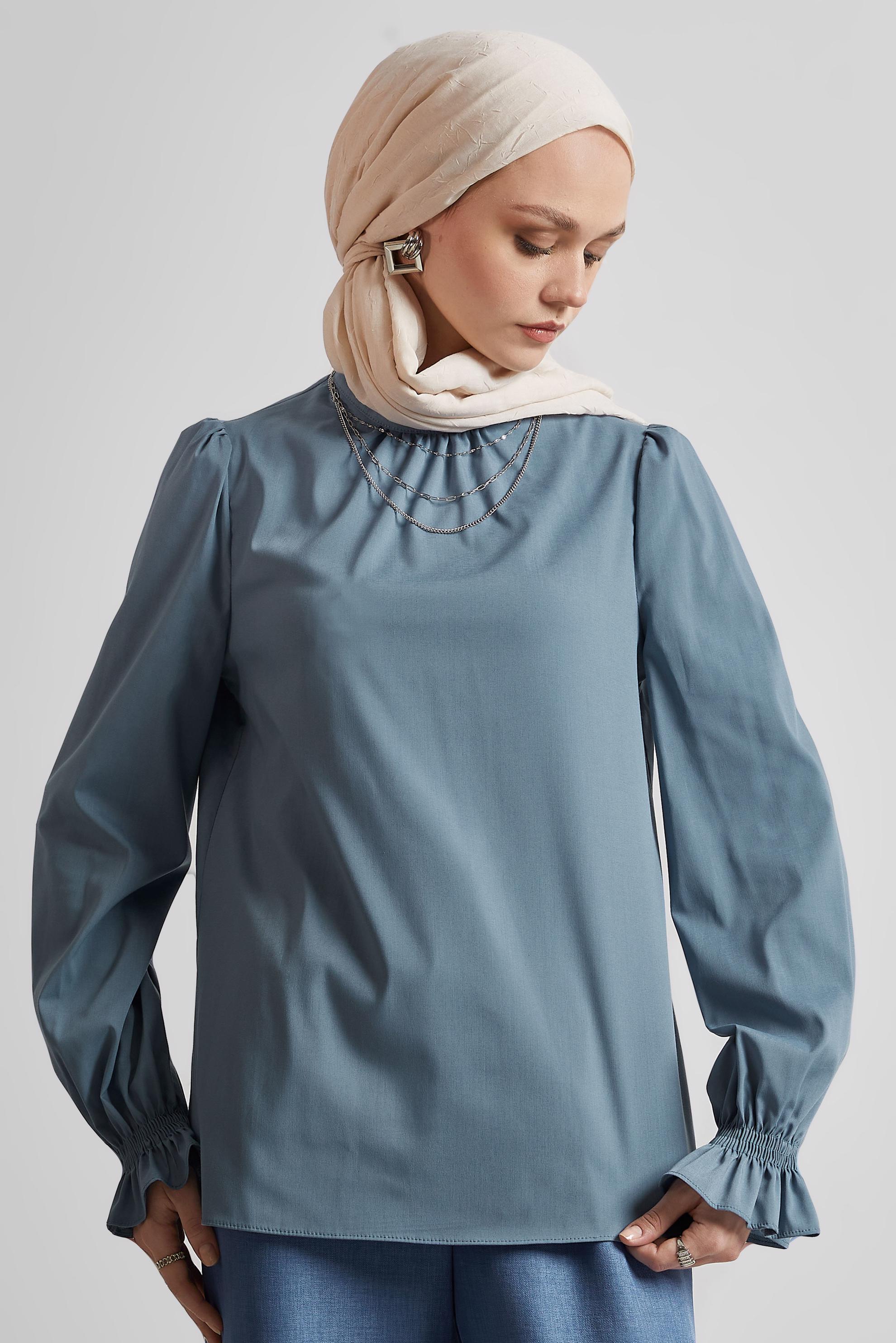 Tesettür giyim LACİVERT KOL UCU LASTİKLİ BLUZ 45341