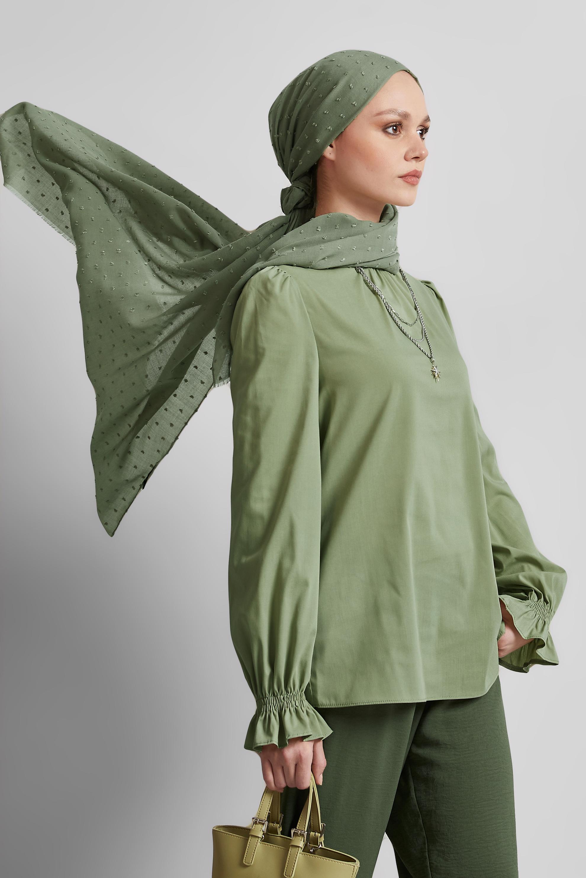 Tesettür giyim YEŞİL KOL UCU LASTİKLİ BLUZ 45341