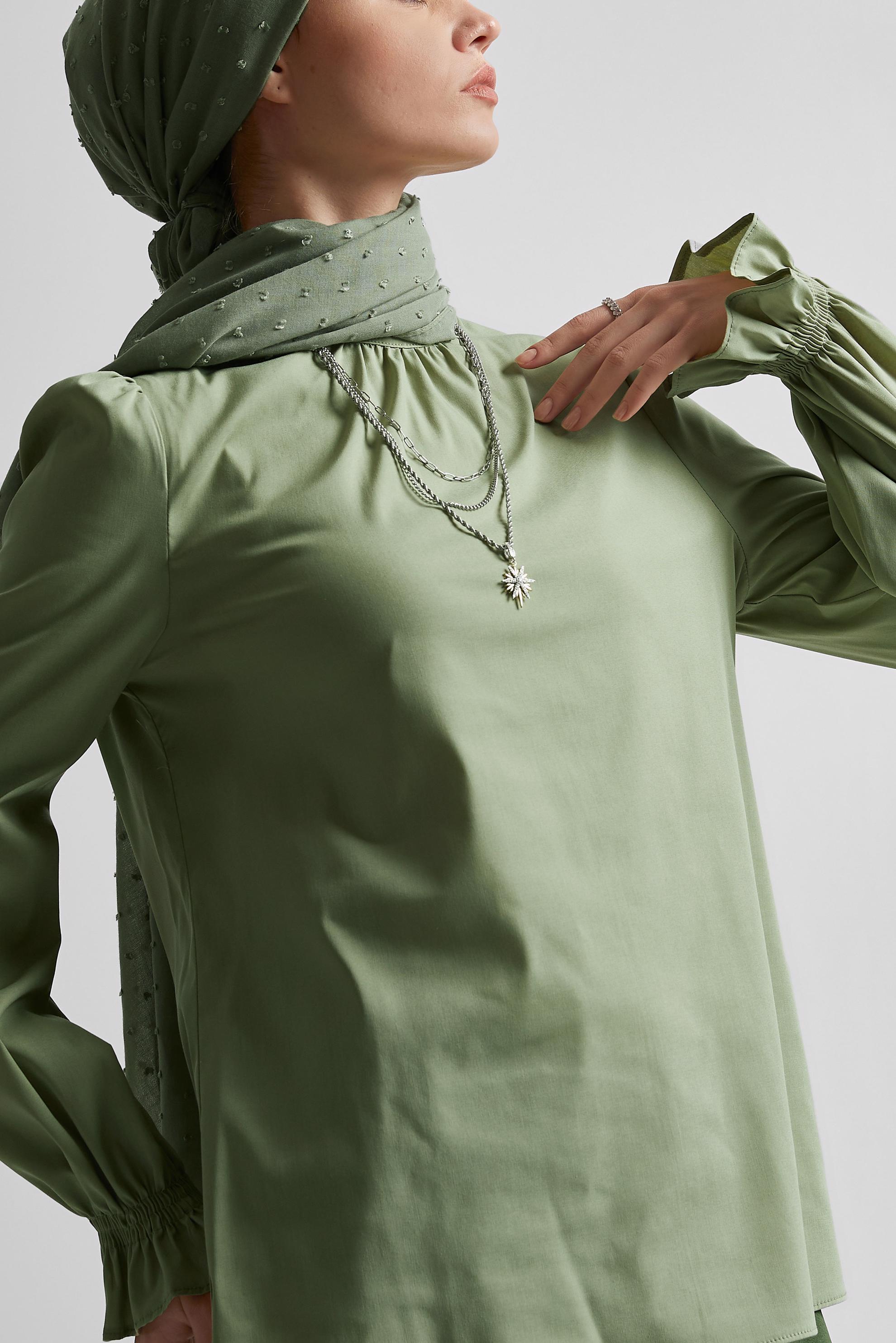 Tesettür giyim YEŞİL KOL UCU LASTİKLİ BLUZ 45341