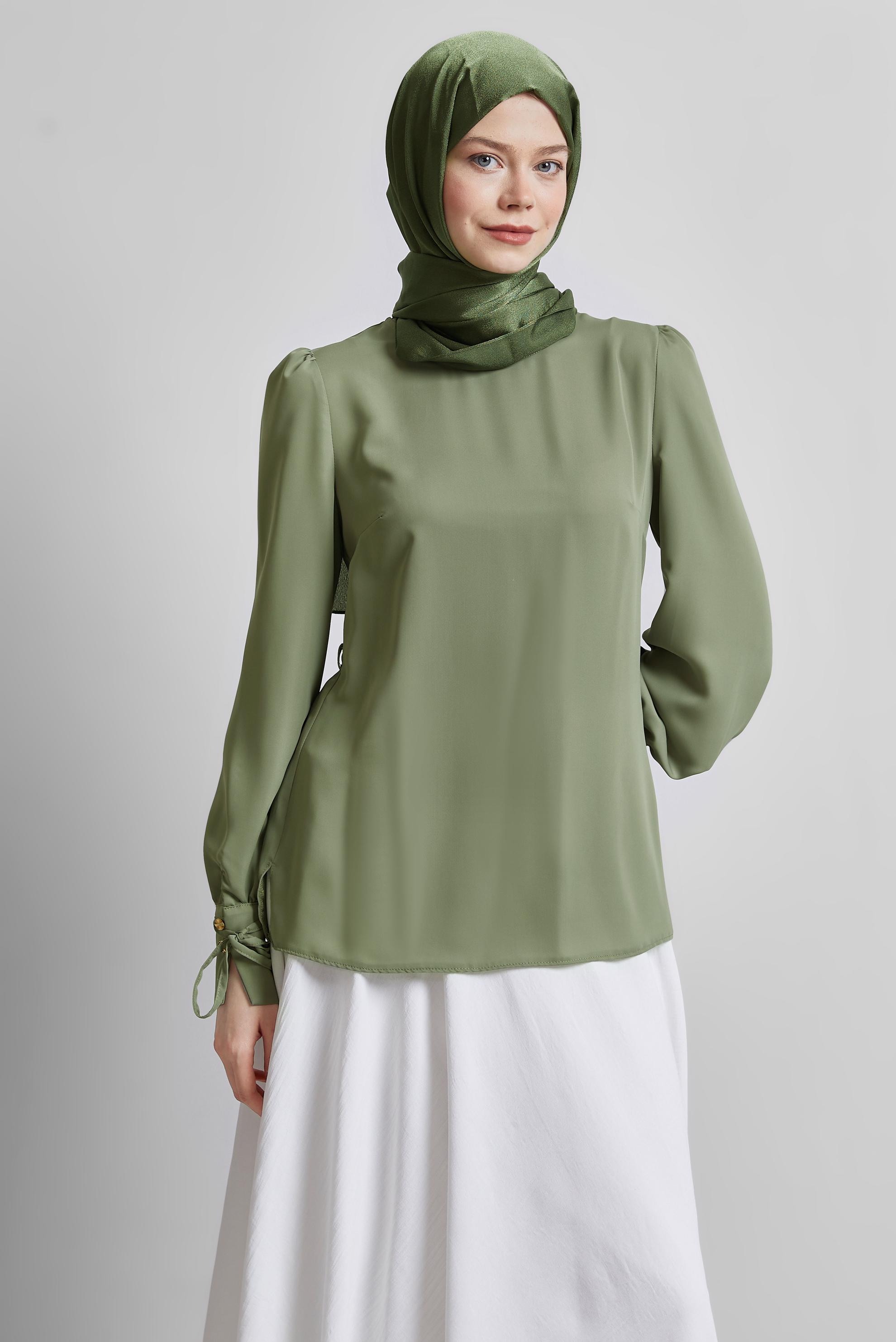 Tesettür giyim HAKİ BAĞCIK DETAYLI BLUZ 45343