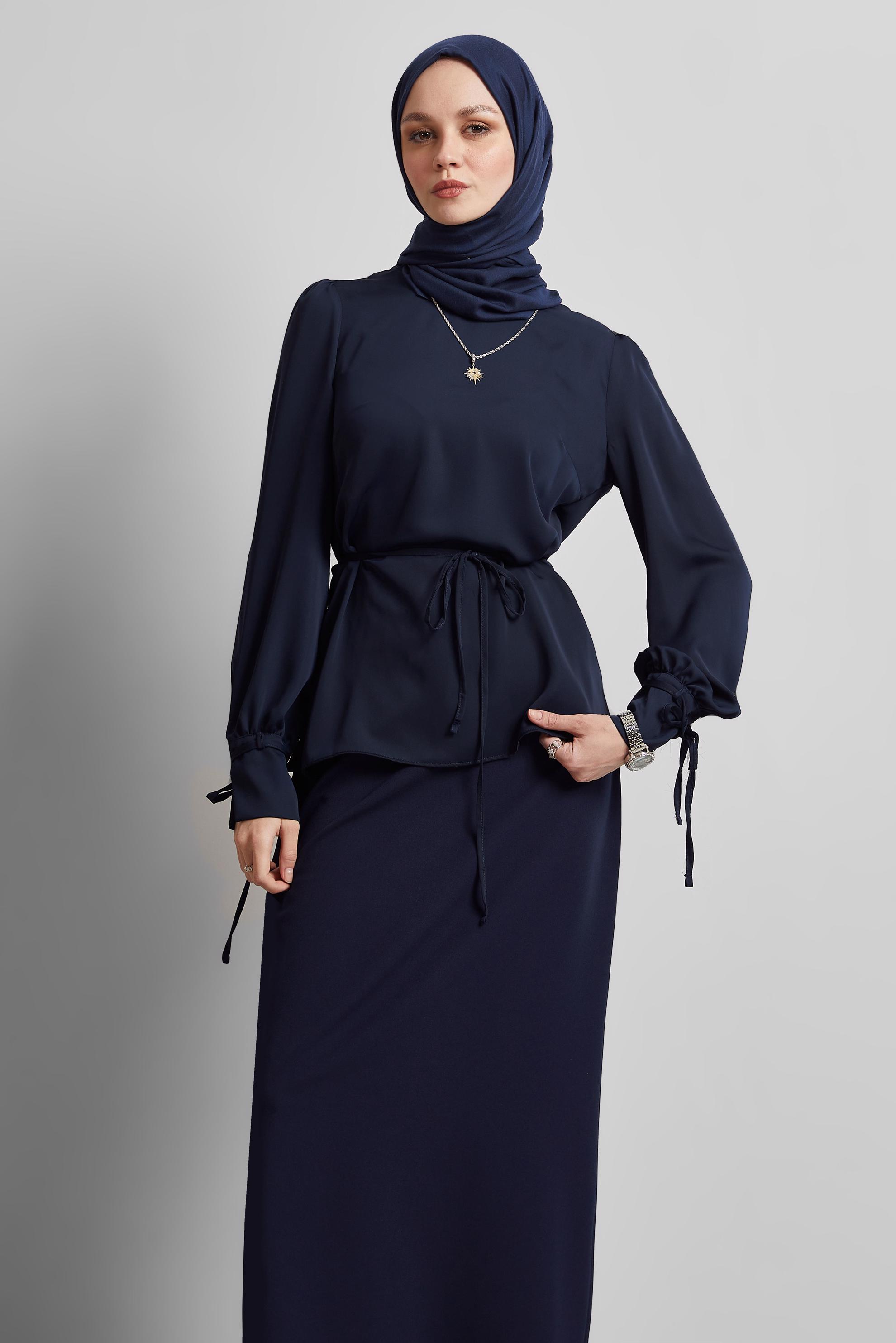 Tesettür giyim LACİVERT BAĞCIK DETAYLI BLUZ 45343