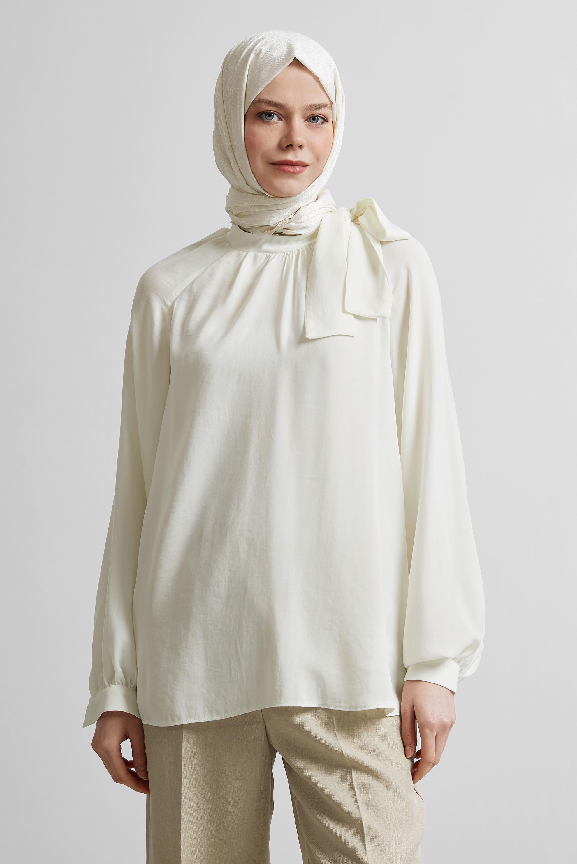 Tesettür giyim BEYAZ BAĞLAMA DETAYLI BLUZ 45394