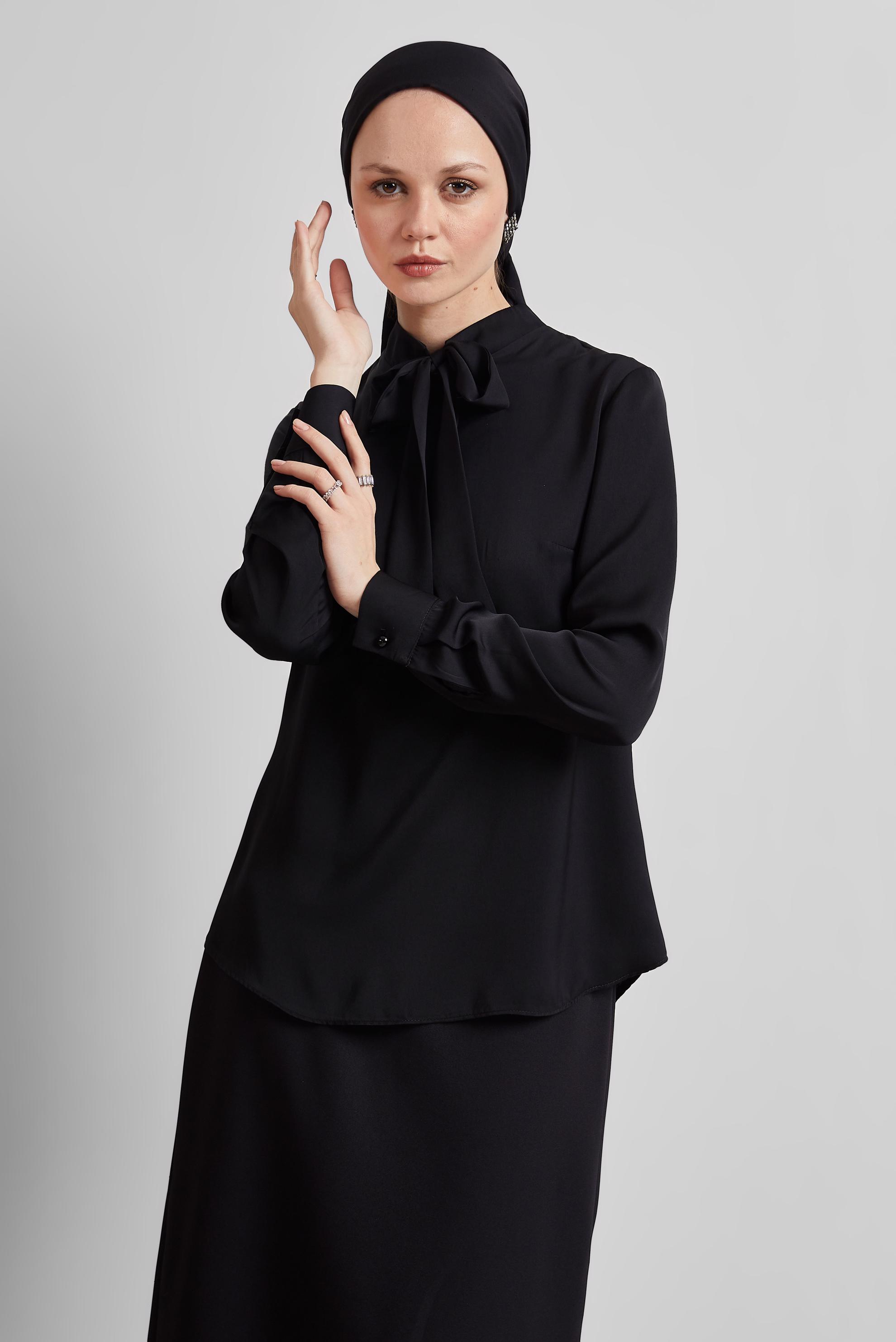 Vêtements hijab NOIR BLOUSE À COL NOUÉ 45395