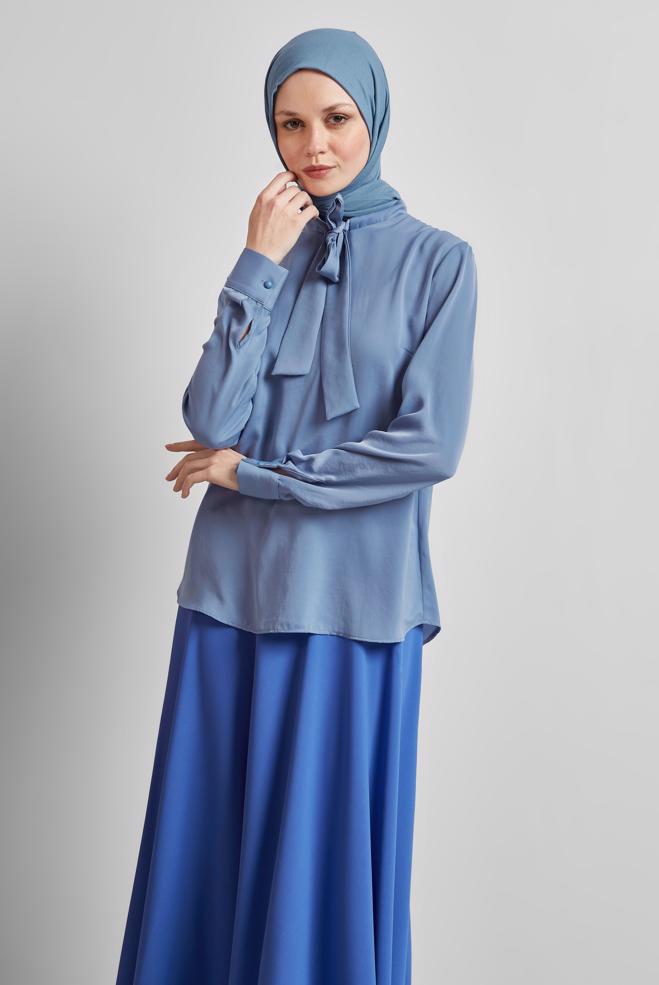 Vêtements hijab BLEU BLOUSE À COL NOUÉ 45395 - ALVİNA