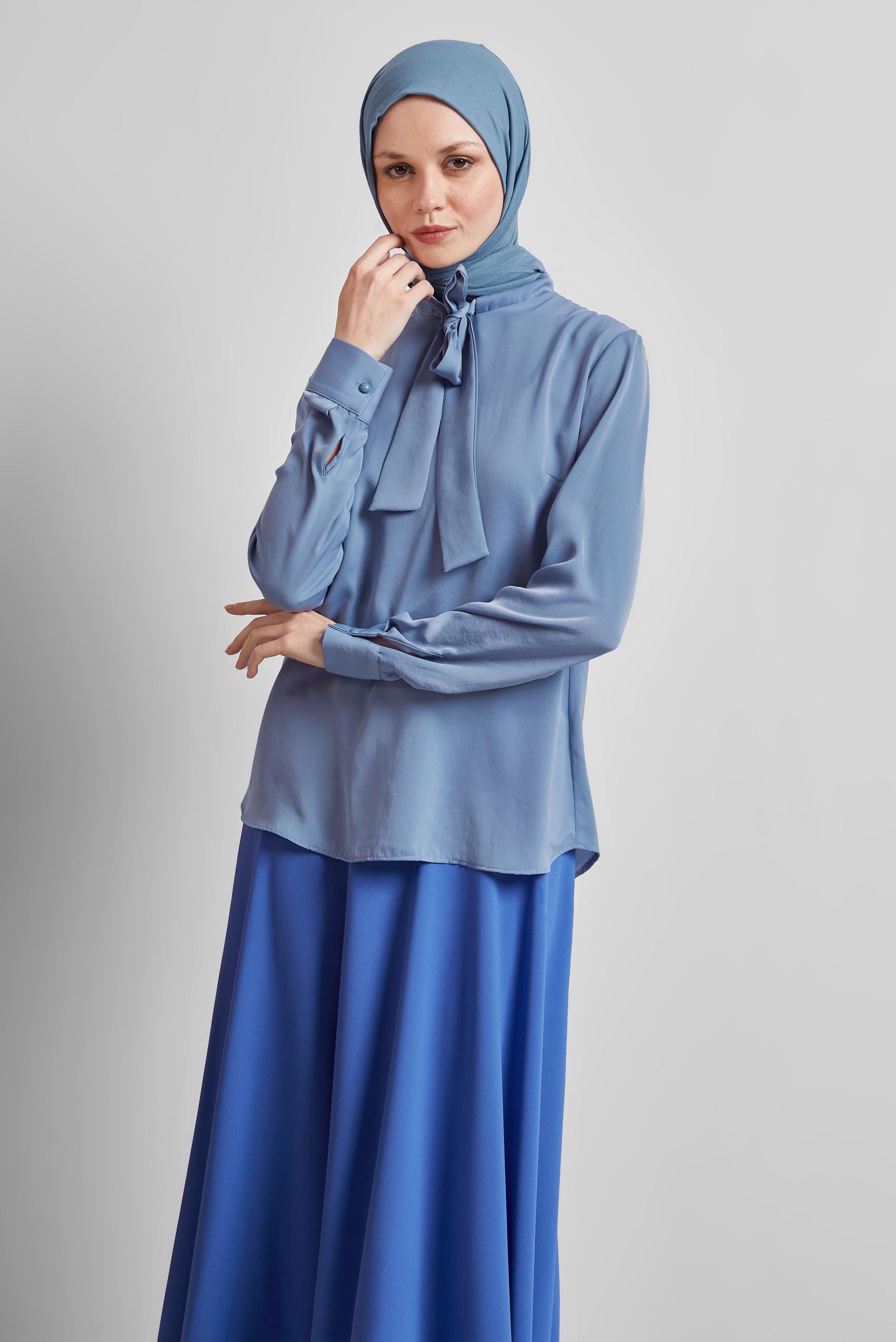 Vêtements hijab BLEU BLOUSE À COL NOUÉ 45395