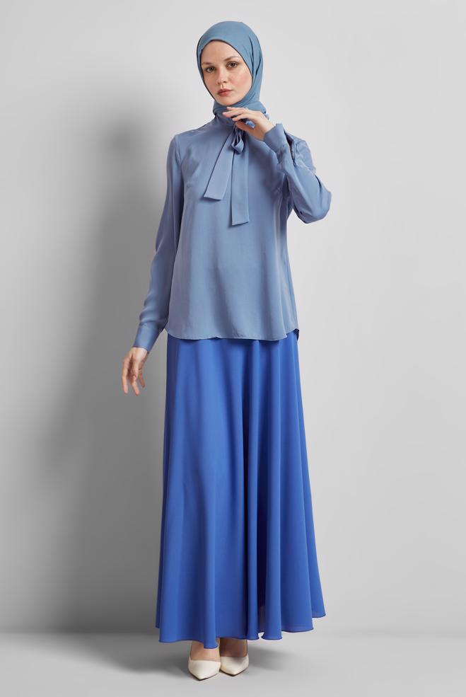 Vêtements hijab BLEU BLOUSE À COL NOUÉ 45395 - ALVİNA