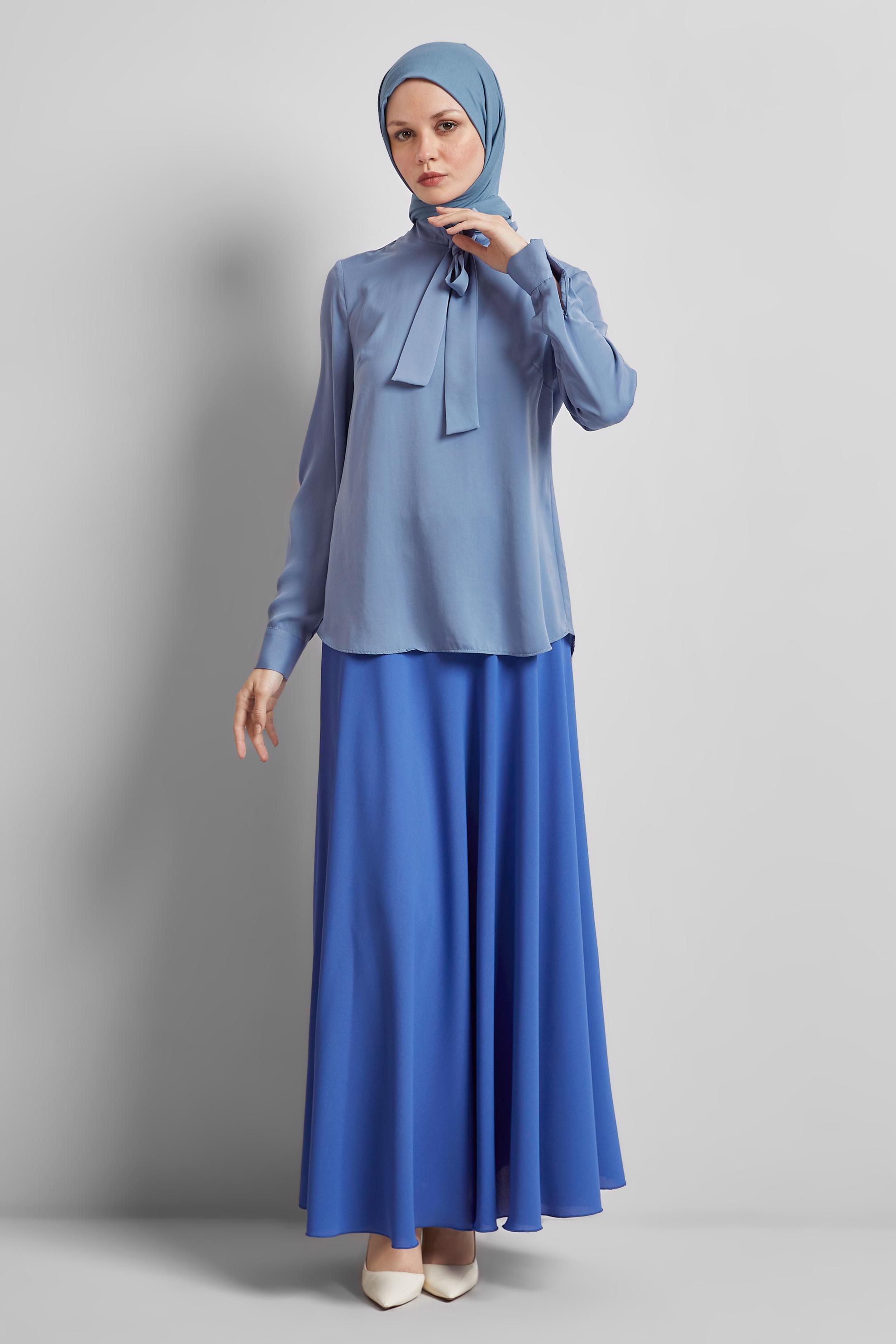 Vêtements hijab BLEU BLOUSE À COL NOUÉ 45395