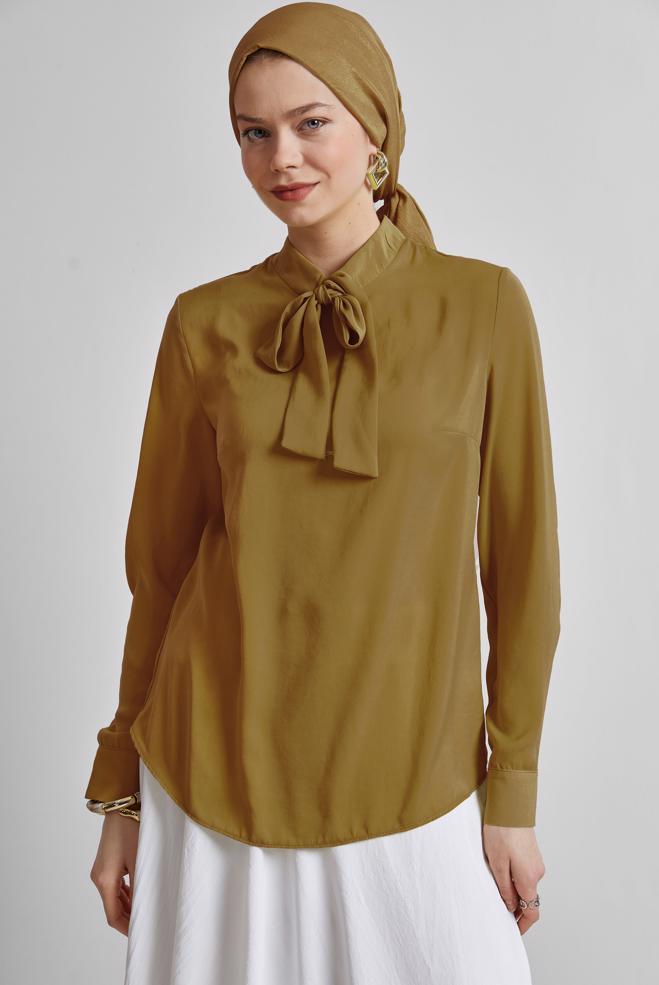 Vêtements hijab JAUNE BLOUSE À COL NOUÉ 45395 - ALVİNA