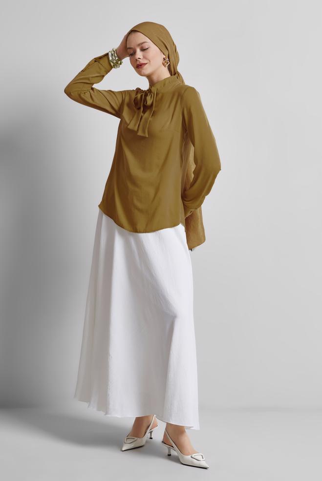 Vêtements hijab JAUNE BLOUSE À COL NOUÉ 45395 - ALVİNA